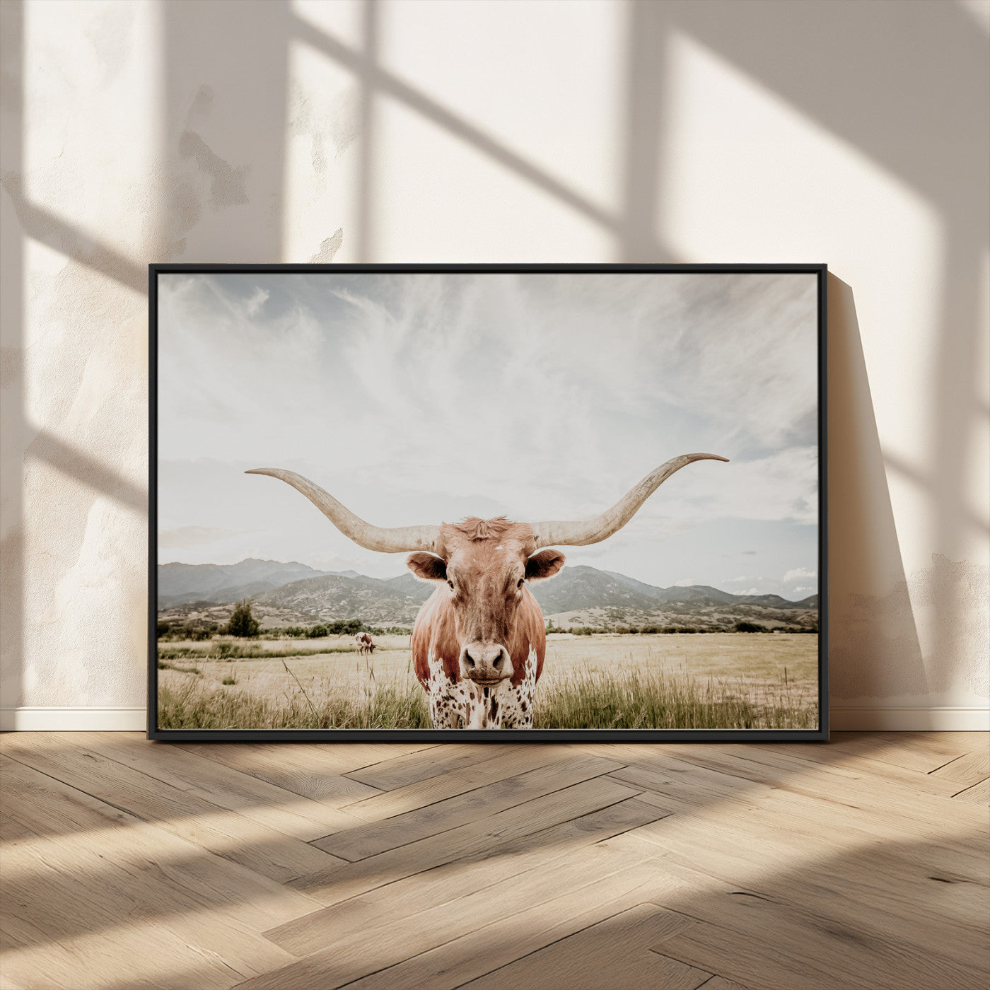 MGV-FC-36X24 - Texas Longhorn Wall Art Canvas Print, Framed Western Cow Art Picture Print, Rustic Farmhouse Perfect Farmhouse Decor Artwork