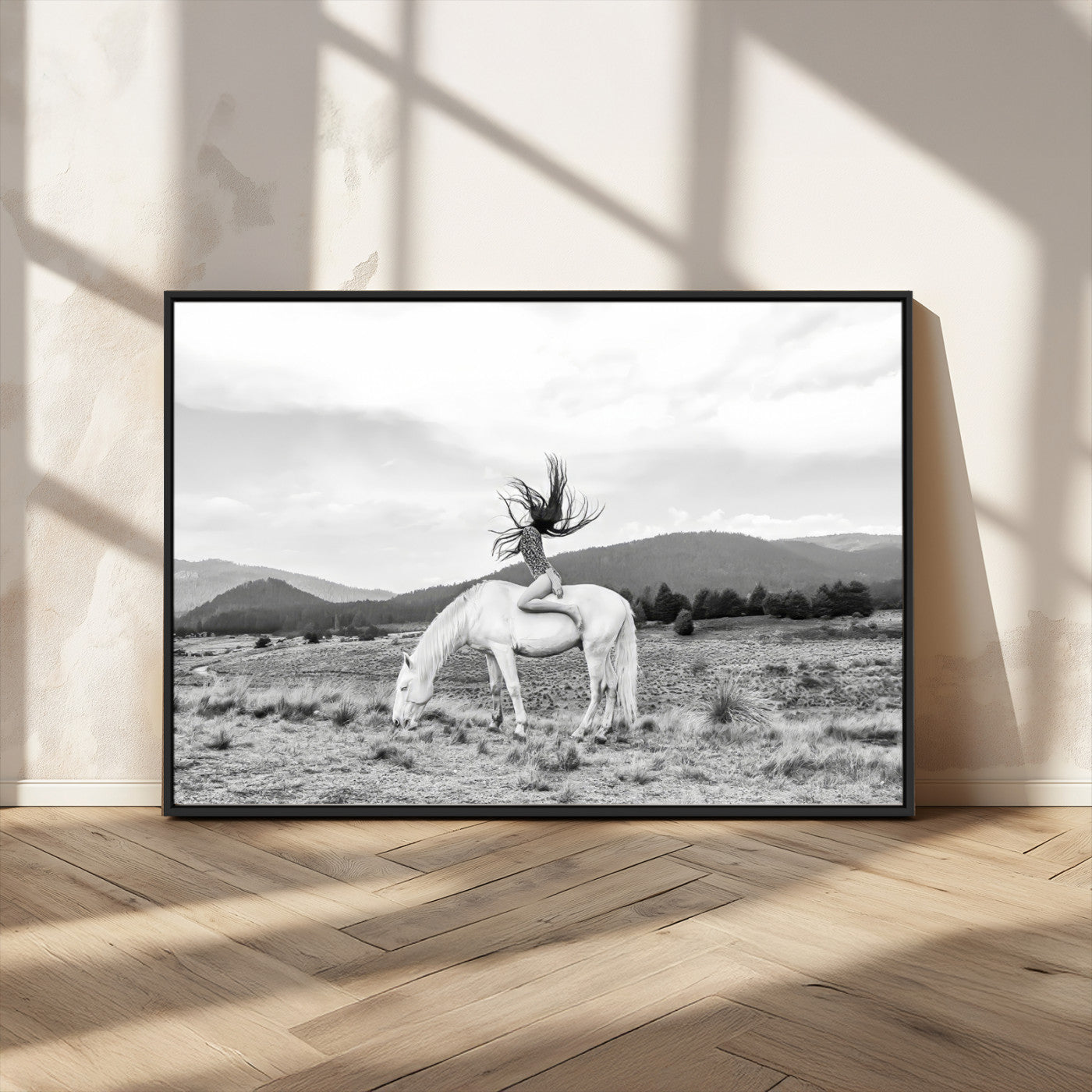 MGV-FC-36X24 - White Horse Wall Art Canvas Print, Framed Woman Rider Art Picture Print, Equestrian Pose Perfect Western Boho Decor Artwork