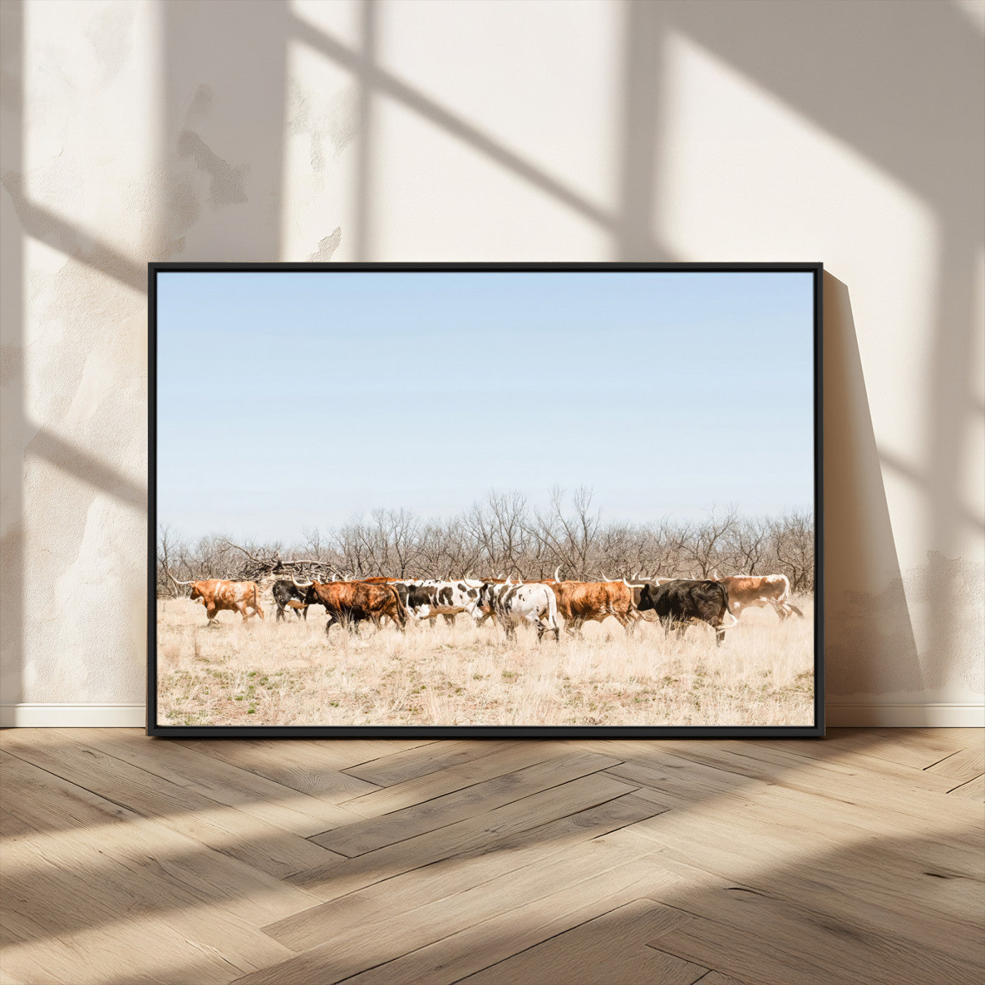 MGV-FC-36X24 - Texas Longhorns Wall Art Canvas Print, Framed Western Cattles Art Picture Print, Rustic Herd Perfect Rustic Farmhouse Decor Artwork