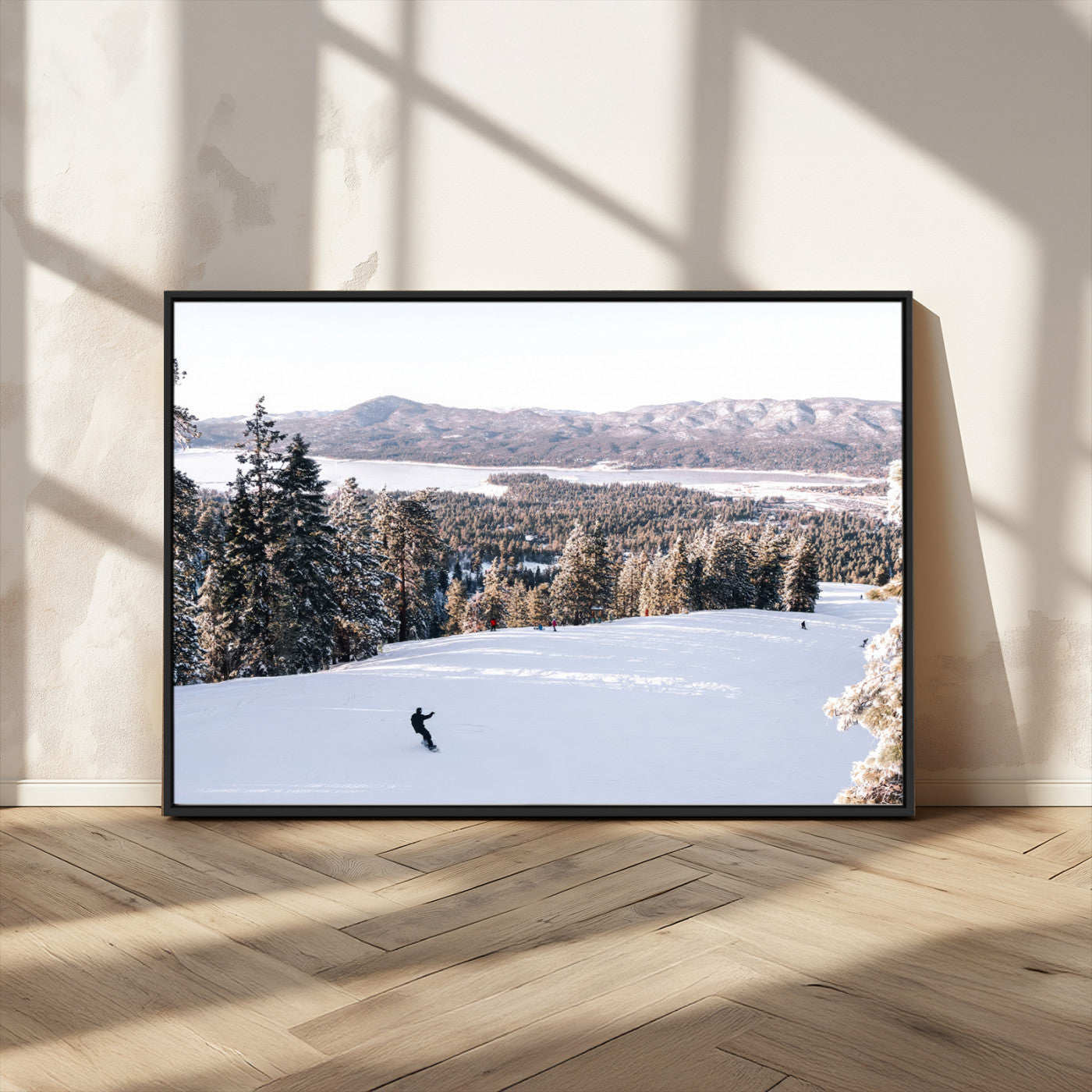 79857868-MGV-CV-36X24 - Snowboarder Wall Art – Winter Slope Canvas Print, Pine Forest, Snow-Covered Mountains, Outdoor Adventure for Living Room or Cabin Decor