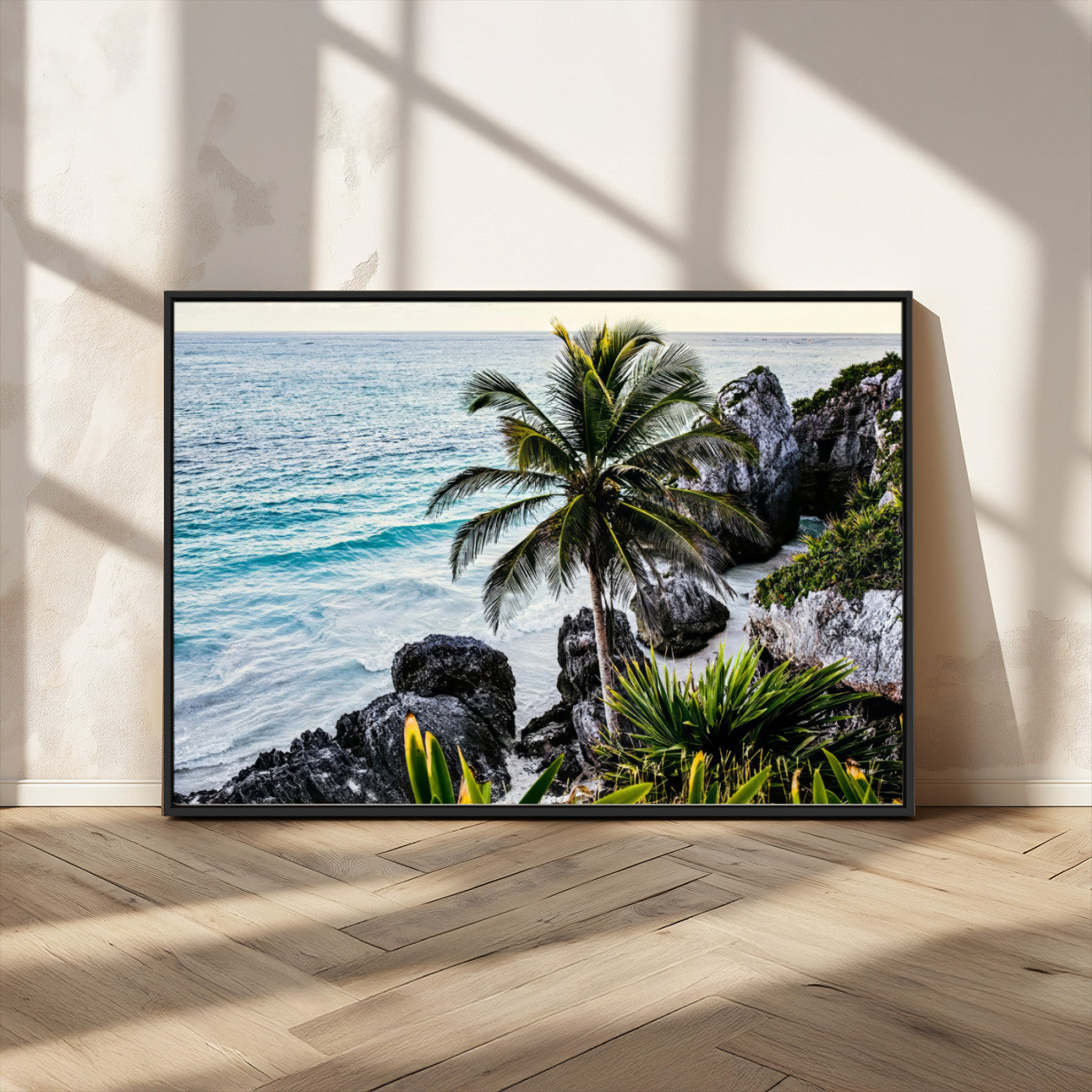 94669907-MGV-CV-36X24 - Tropical Palm Wall Art – Coastal Rocks Canvas Print, Ocean Breeze, Sandy Shore, Vibrant Green Foliage for Living Room or Beach House Decor