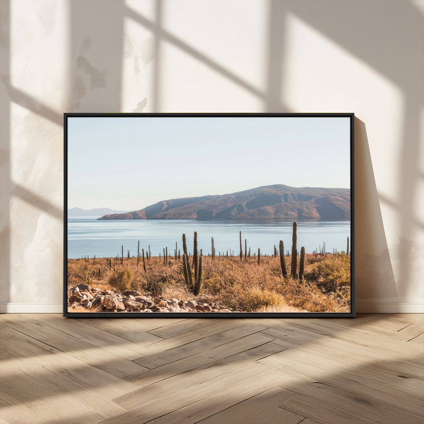 MGV-FC-36X24 - Desert Cactus Wall Art Canvas Print, Framed Baja Coastline Art Picture Print, Coastal Desert Perfect Southwestern Minimalist Decor Artwork