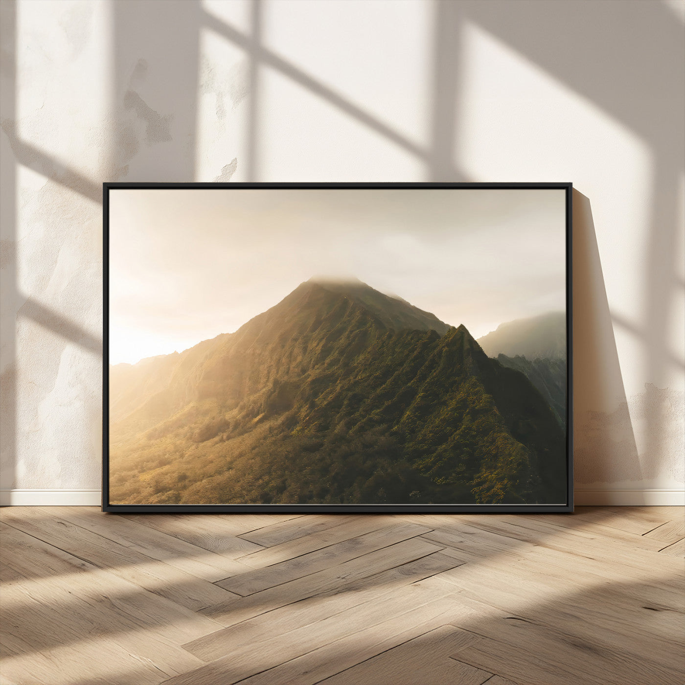 MGV-FC-36X24 - Golden Mountain Wall Art Canvas Print, Framed Misty Summit Art Picture Print, Rugged Landscape Perfect Moody Wilderness Decor Artwork