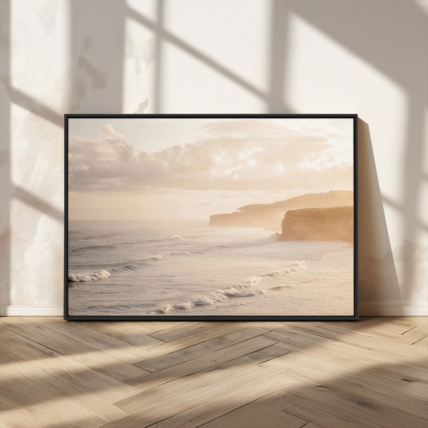 MGV-FC-36X24 - Misty Coastal Wall Art Canvas Print, Framed Golden Sunset Art Picture Print, Serene Shoreline Perfect Tranquil Coastal Decor Artwork