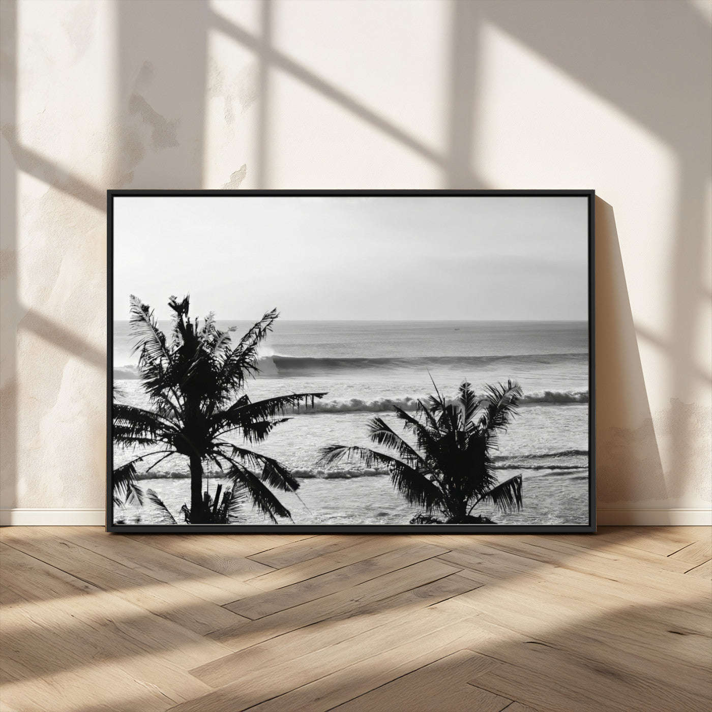 MGV-FC-36X24 - Tropical Coastline Wall Art Canvas Print, Framed Palm Trees Art Picture Print, Ocean Waves Perfect Minimalist Coastal Decor Artwork