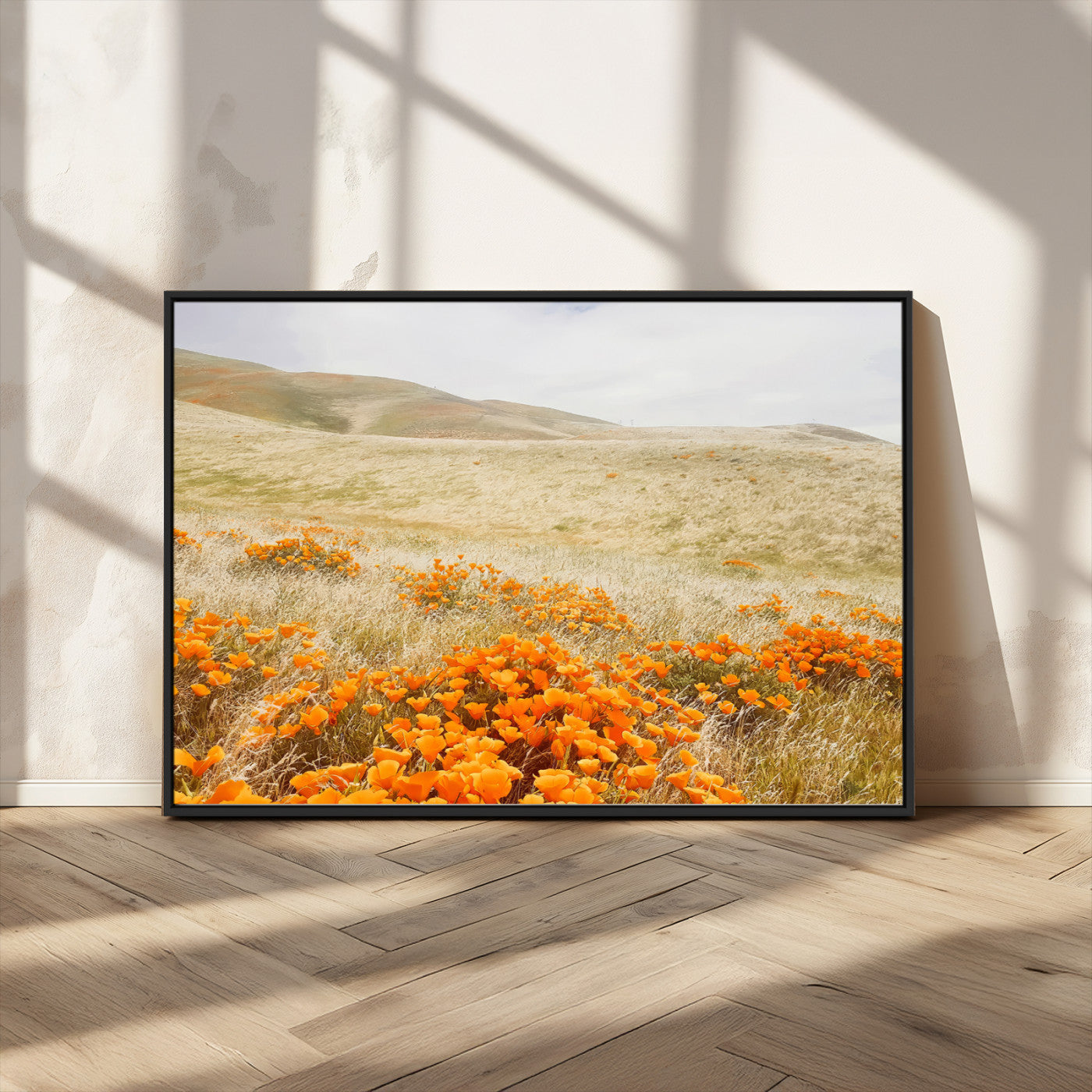 MGV-FC-36X24 - Golden Wildflowers Wall Art Canvas Print, Framed Hills Bloom Art Picture Print, Poppy Meadow Perfect Rustic Nature Decor Artwork