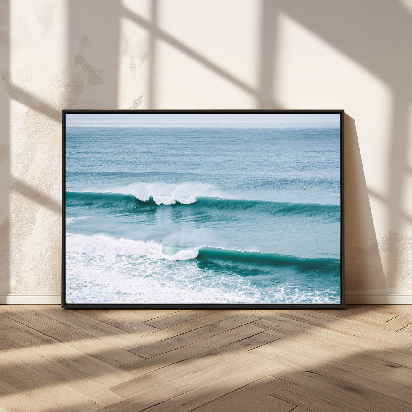 Powerful ocean waves rolling towards the shore, their turquoise hues blending with white sea foam under an open horizon, capturing the essence of the ocean's movement.
