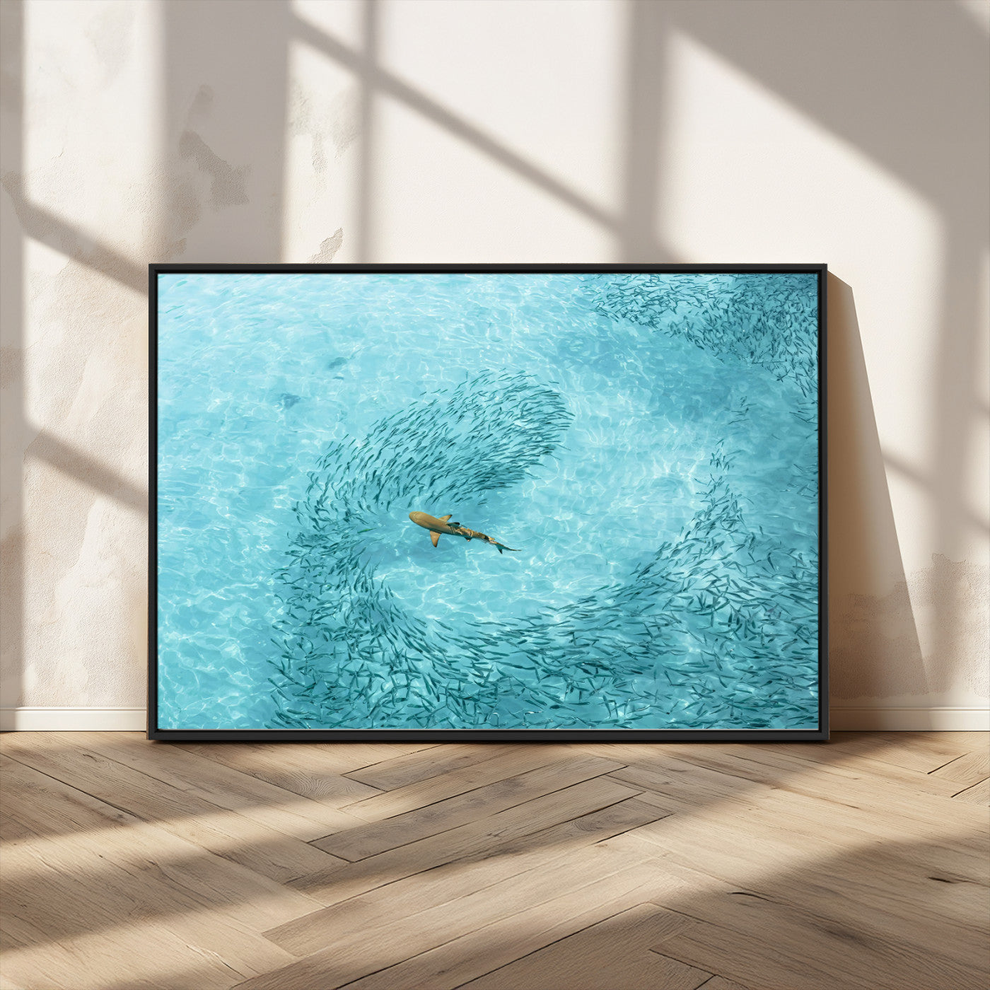 MGV-FC-36X24 - Fish Swarm Wall Art Canvas Print, Framed Marine Life Art Picture Print, Shark Aerial Perfect Wildlife Coastal Decor Artwork