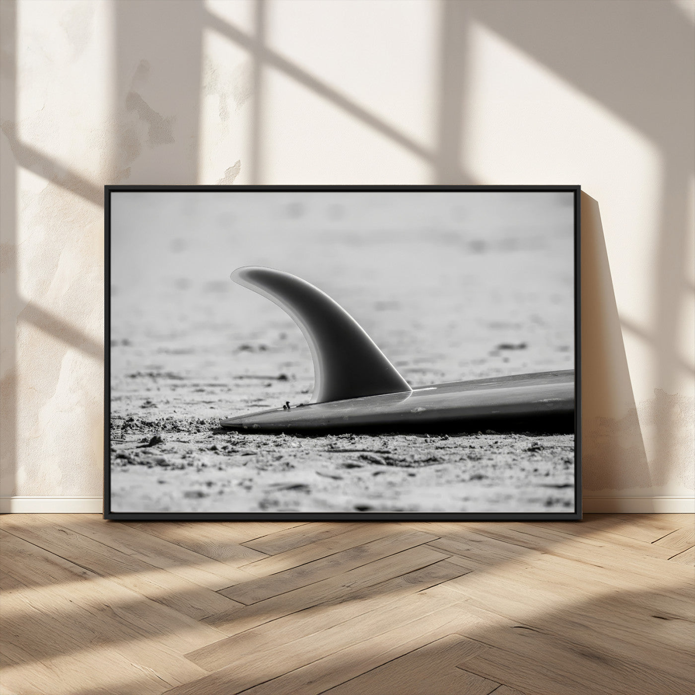 MGV-FC-36X24 - Black White Surfboard Wall Art Canvas Print, Framed Minimalist Beach Art Picture Print, Surf Fin Perfect Minimalist Coastal Decor Artwork