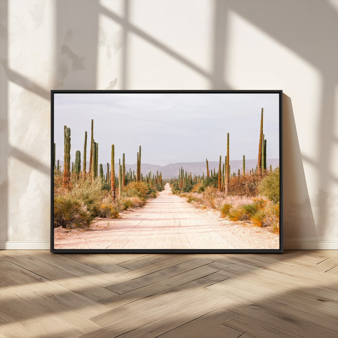 MGV-FC-36X24 - Desert Cactus Lined Road Wall Art Canvas Print, Framed Southwestern Landscape Art Picture Print, Bohemian Western Aesthetic Perfect Southwestern Boho Decor Artwork