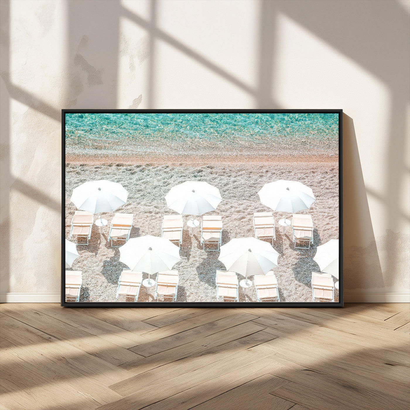 MGV-FC-36X24 - Calm Beach Wall Art Canvas Print, Framed Turquoise Water Art Picture Print, Umbrella Shoreline Perfect Coastal Minimalist Decor Artwork