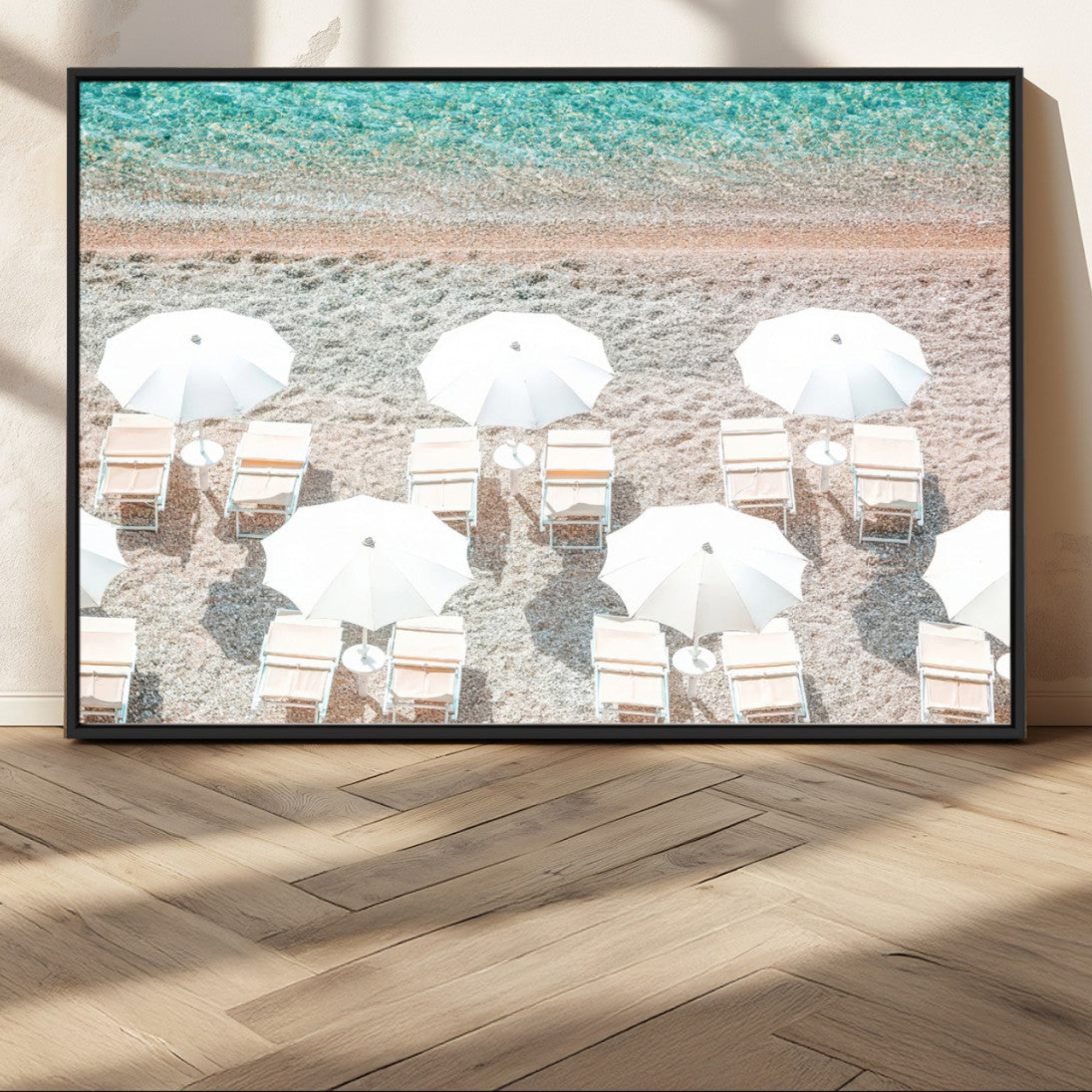 MGV-FC-36X24 - Calm Beach Wall Art Canvas Print, Framed Turquoise Water Art Picture Print, Umbrella Shoreline Perfect Coastal Minimalist Decor Artwork