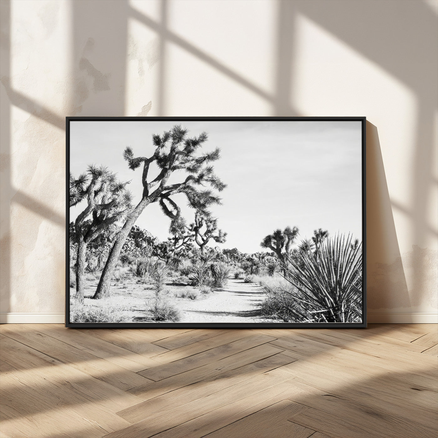 MGV-FC-36X24 - Joshua Tree Wall Art Canvas Print, Framed Desert Path Art Picture Print, Monochrome Desert Perfect Minimalist Desert Decor Artwork
