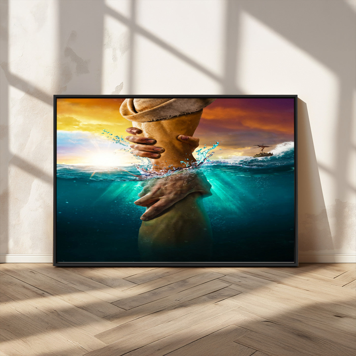 A dramatic scene of a hand reaching underwater and being lifted, symbolizing rescue and faith, ideal for spiritual or Christian wall decor.