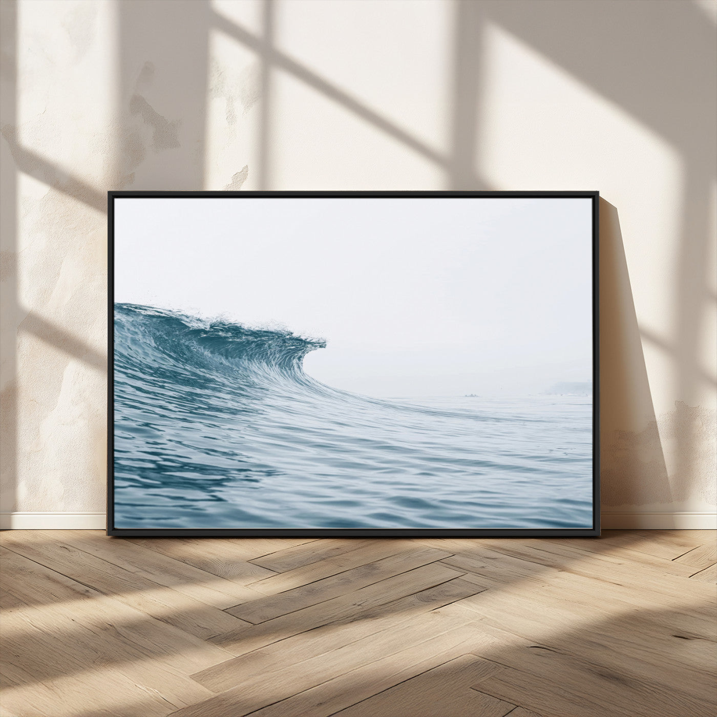 A single ocean wave curling in soft blue tones under a misty sky, ideal for coastal or minimalist home wall decor.