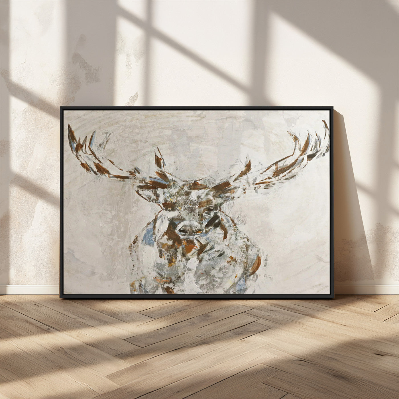 Abstract painting of a deer with antlers in neutral earth tones, ideal for modern rustic or lodge-style living room wall decor.