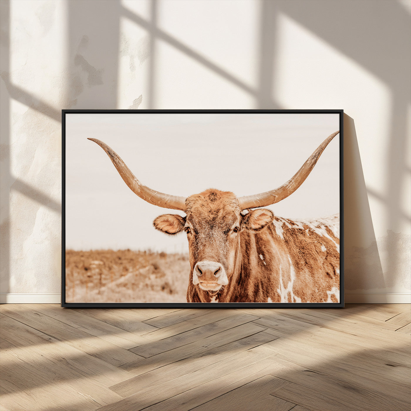 MGV-FC-36X24 - Longhorn Bull Wall Art Canvas Print, Framed Western Cow Art Picture Print, Rustic Farmhouse Perfect Neutral Farmhouse Decor Artwork