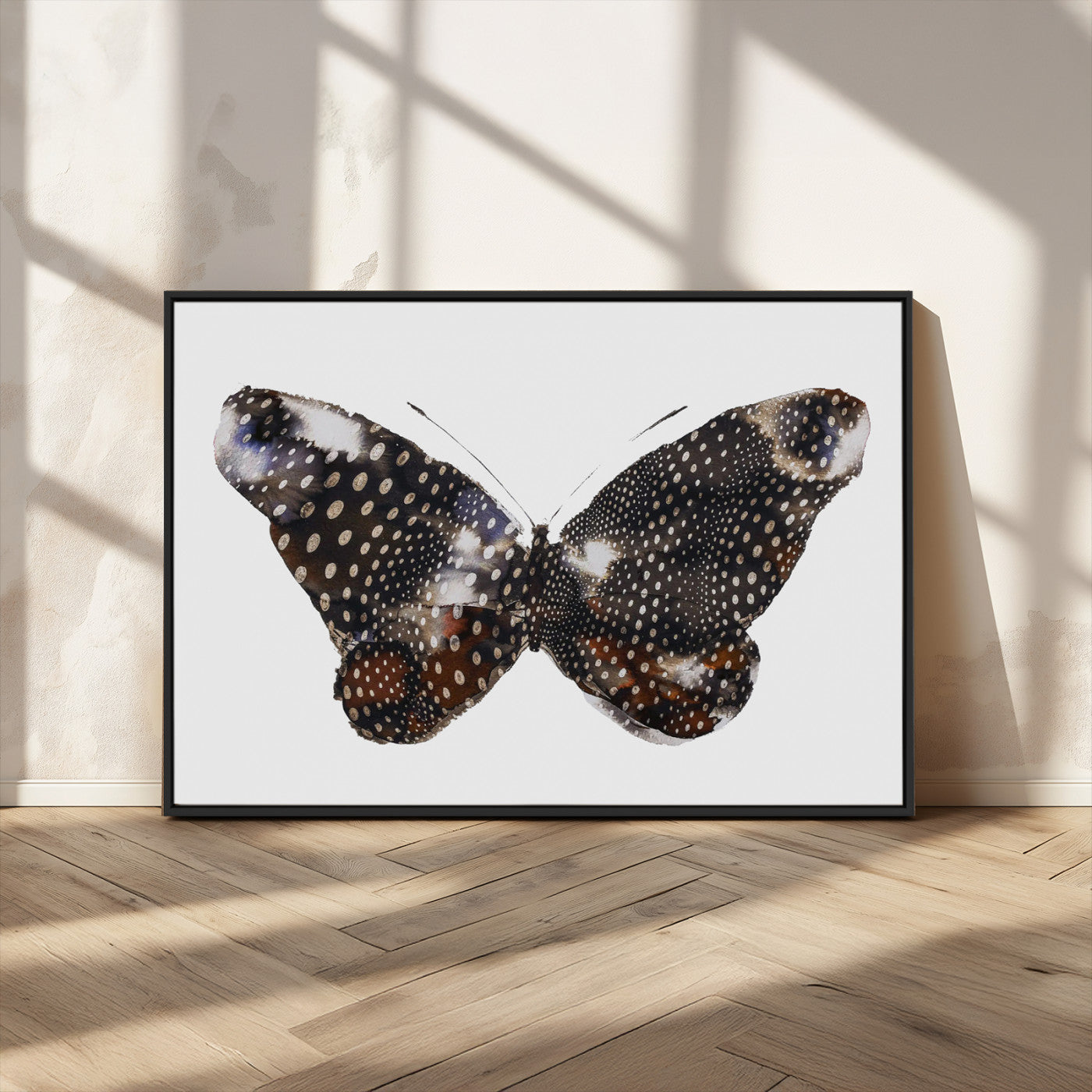 MGV-FC-36X24 - Spotted Butterfly Wall Art Canvas Print, Framed Neutral Insect Theme Art Picture Print, Earthy Wing Pattern Perfect Modern Rustic Decor Artwork