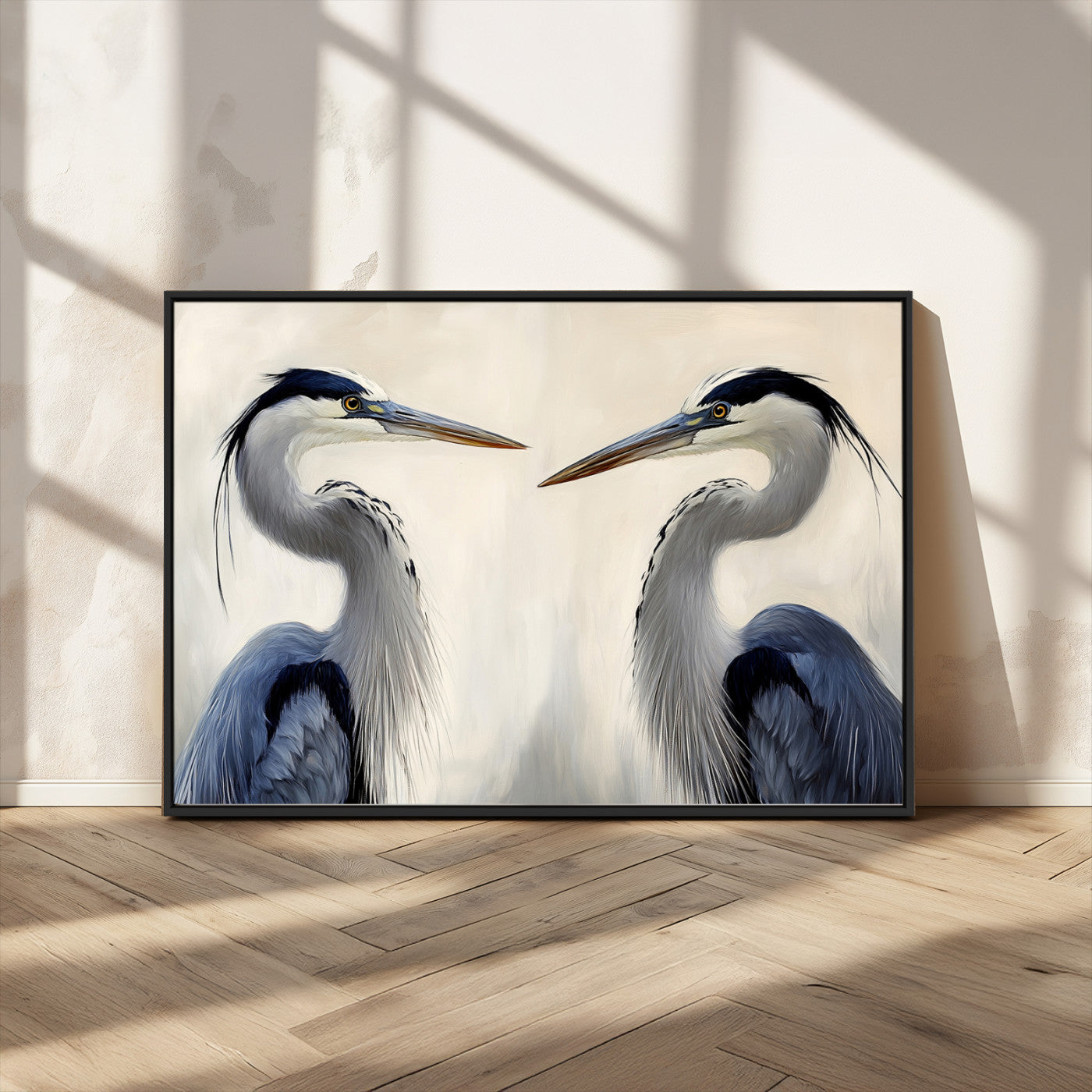 MGV-FC-36X24 - Blue Heron Pair Wall Art Canvas Print, Framed Coastal Bird Theme Art Picture Print, Tranquil Wildlife Scene Perfect Coastal Minimalist Decor Artwork