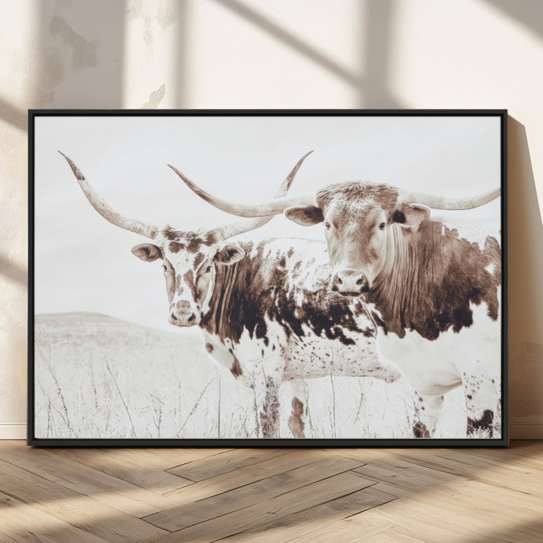 Longhorn Wall Art Canvas Print, Framed Western Cow Rustic Farmhouse Artwork