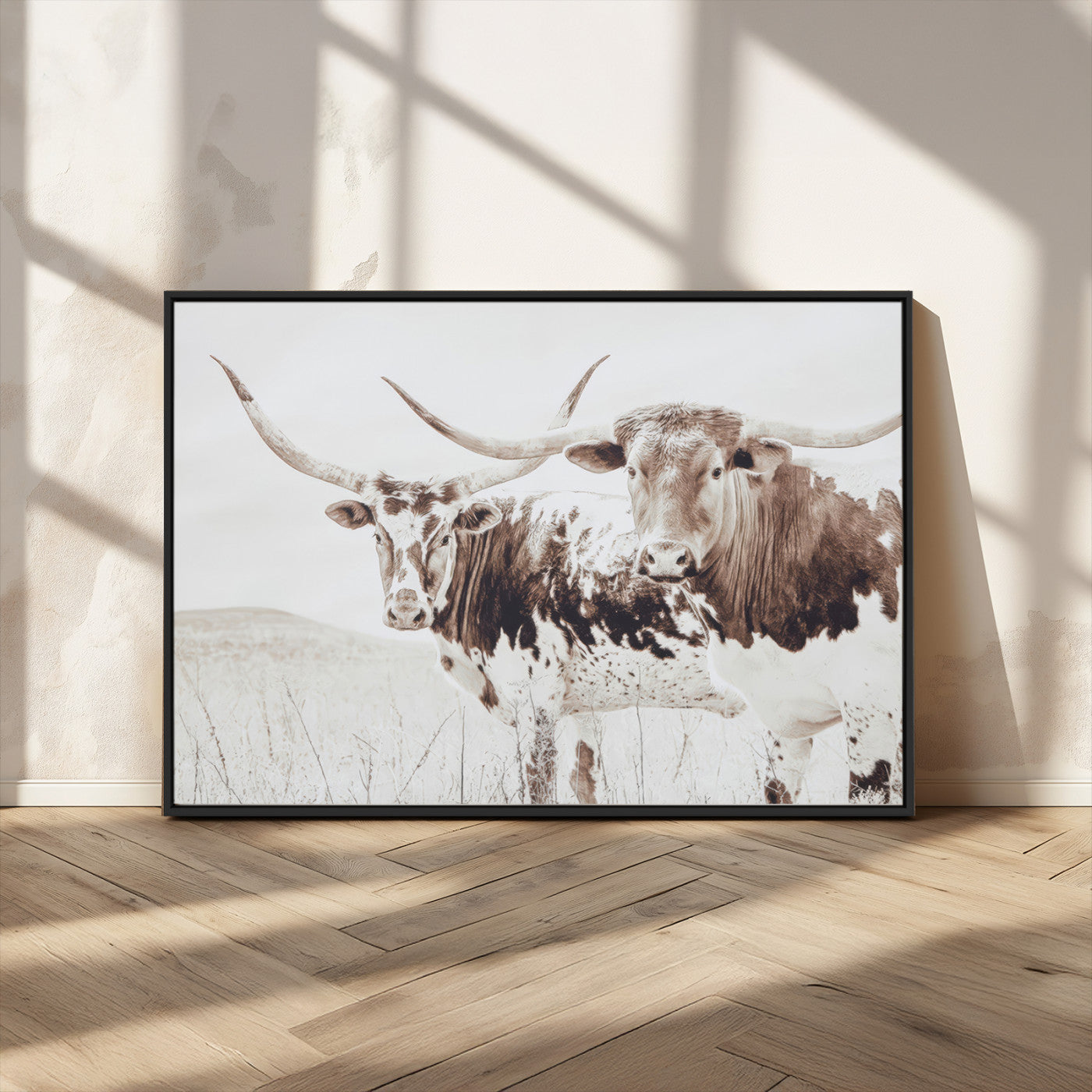 MGV-FC-36X24 - Longhorn Wall Art Wall Art Canvas Print, Framed Western Cow Canvas Art Picture Print, Rustic Farm Decor Perfect Rustic Farmhouse Decor Artwork