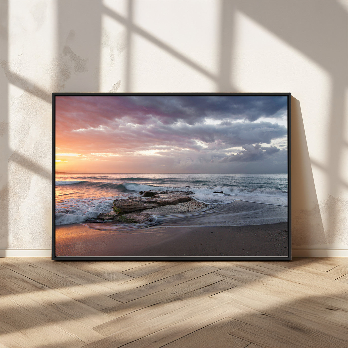 MGV-FC-36X24 - Golden Hour Wall Art Canvas Print, Framed Tranquil Waves Art Picture Print, Beach Perfect Coastal Serenity Decor Artwork