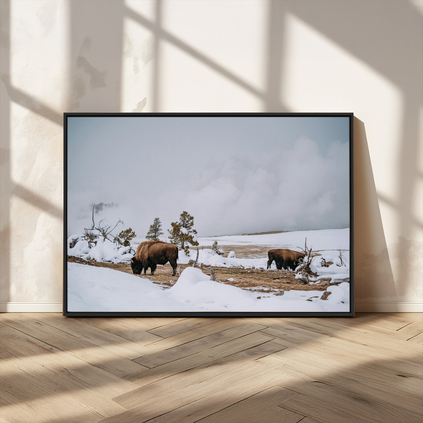 MGV-FC-36X24 - Bison Wildlife Wall Art Canvas Print, Framed Snowy Prairie Art Picture Print, Western Perfect Rustic Decor Artwork