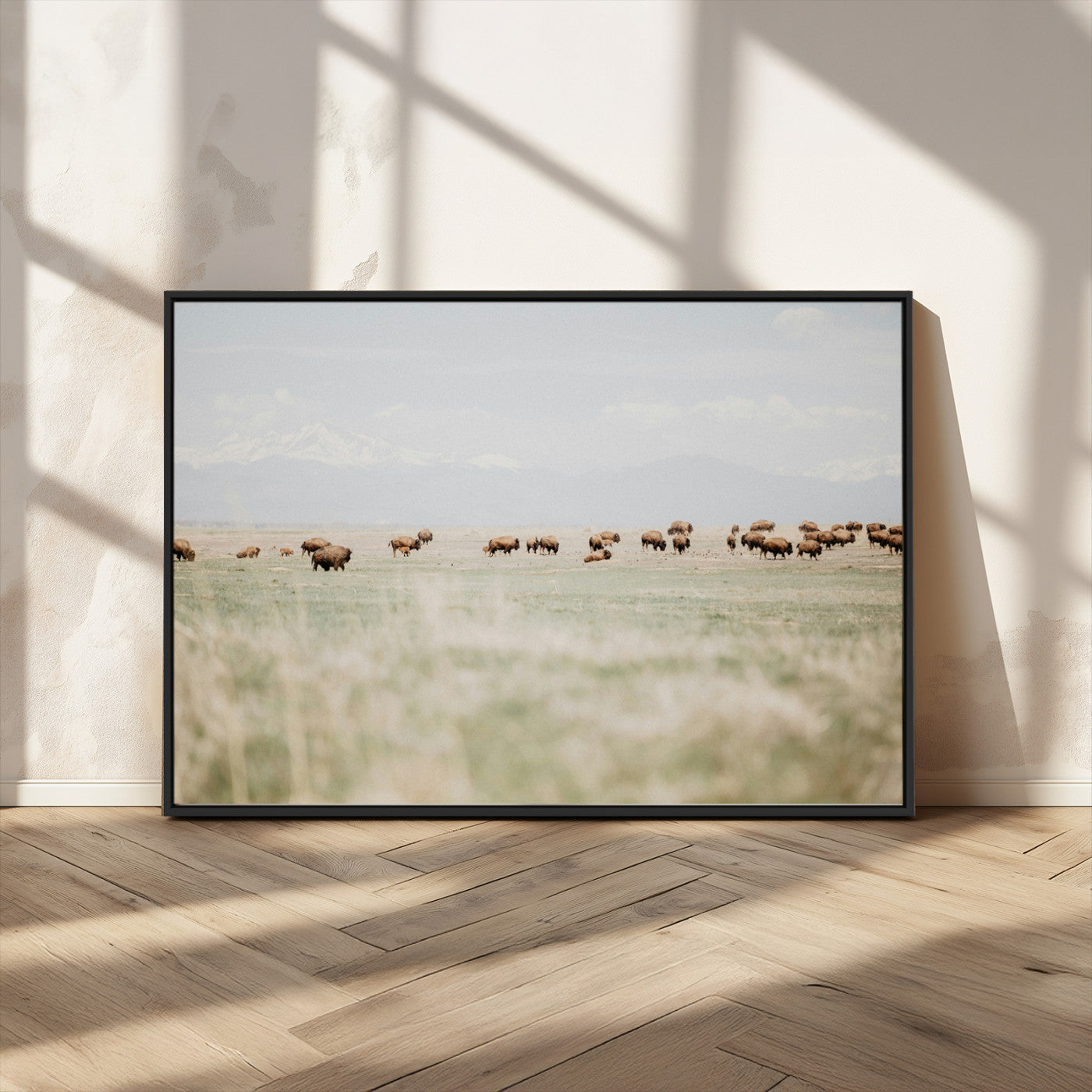 MGV-FC-36X24 - Bison Herd Wall Art Canvas Print, Framed Western Art Picture Print, Bison Perfect Ranch Decor Artwork