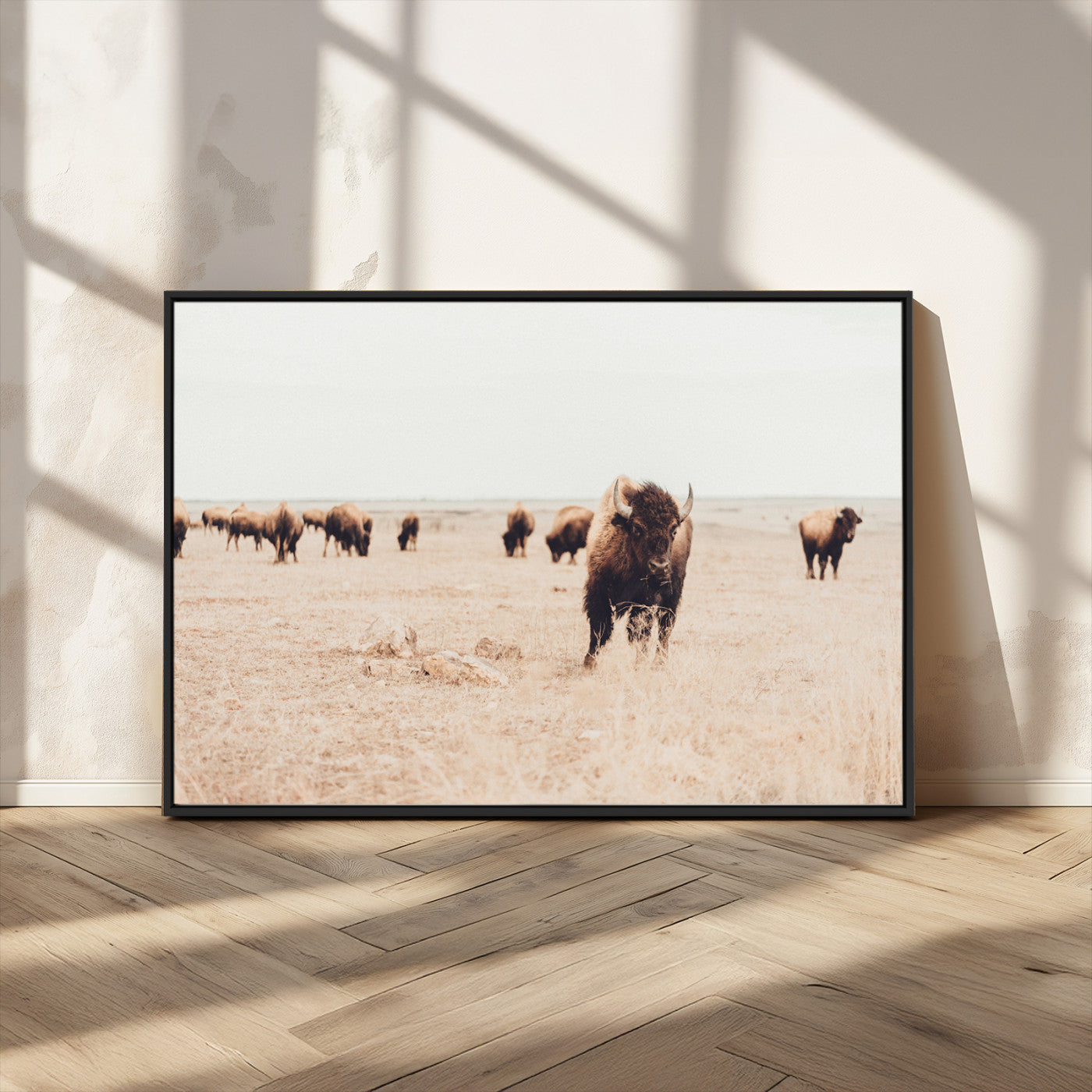 MGV-FC-36X24 - Bison Herd Wall Art Canvas Print, Framed Western Art Picture Print, Prairie Serenity Perfect Ranch Decor Artwork