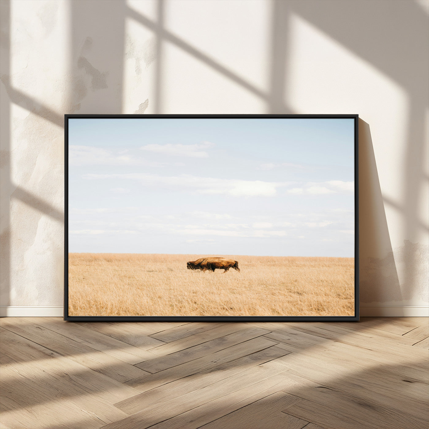 MGV-FC-36X24 - Minimalist Nature Wall Art Canvas Print, Framed Bison In Grassland Art Picture Print, Open Field Perfect Modern Ranch Decor Decor Artwork