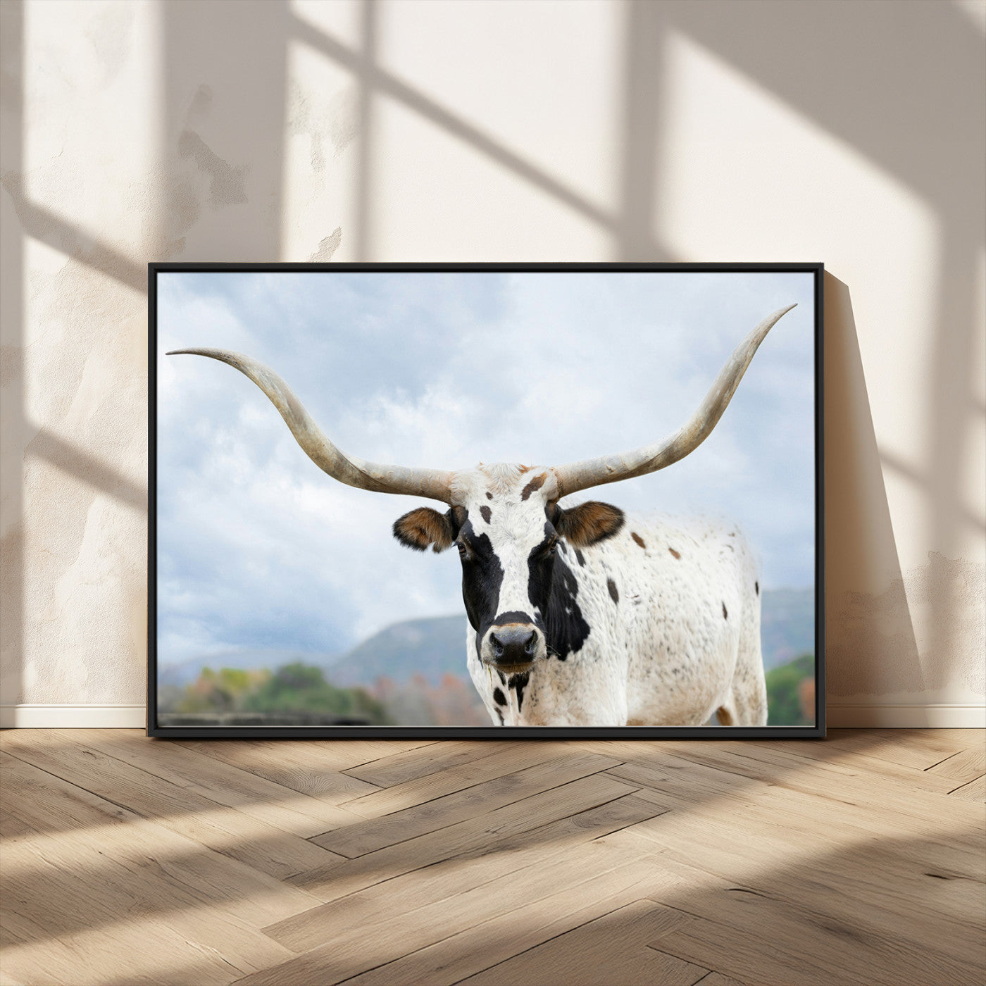 MGV-FC-36X24 - Texas Longhorn Wall Art Canvas Print, Framed Western Rustic Art Picture Print, Farmhouse Decor Perfect Farmhouse Decor Artwork