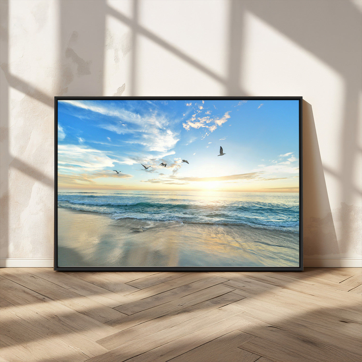 MGV-FC-36X24 - Minimalist Seaside Wall Art Canvas Print, Framed Morning Glow Art Picture Print, Golden Reflections Perfect Coastal Minimalist Decor Artwork
