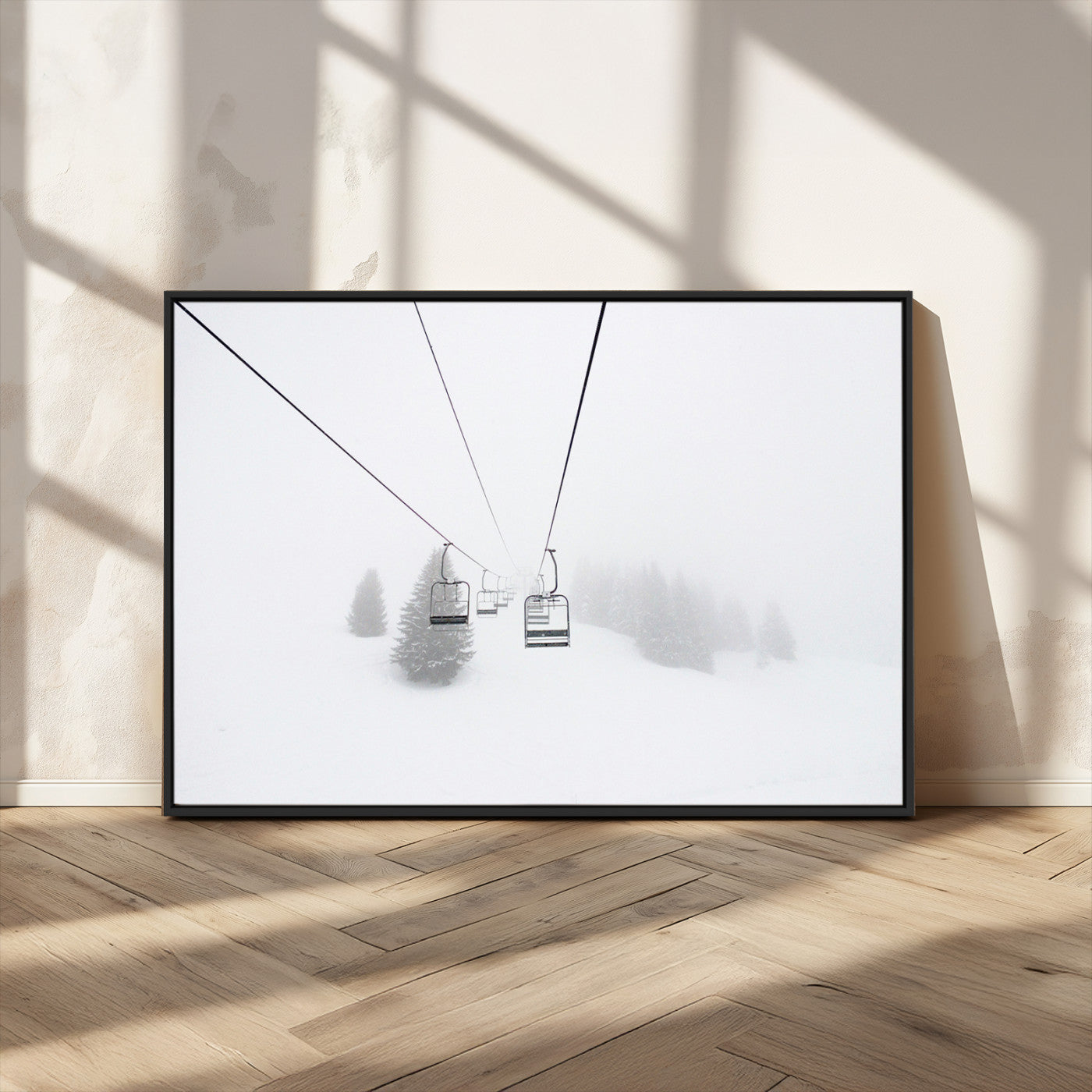MGV-FC-36X24 - Ski Lift Wall Art Canvas Print, Framed Snowy Landscape Art Picture Print, Alpine Adventure Perfect Nordic Minimalist Decor Artwork