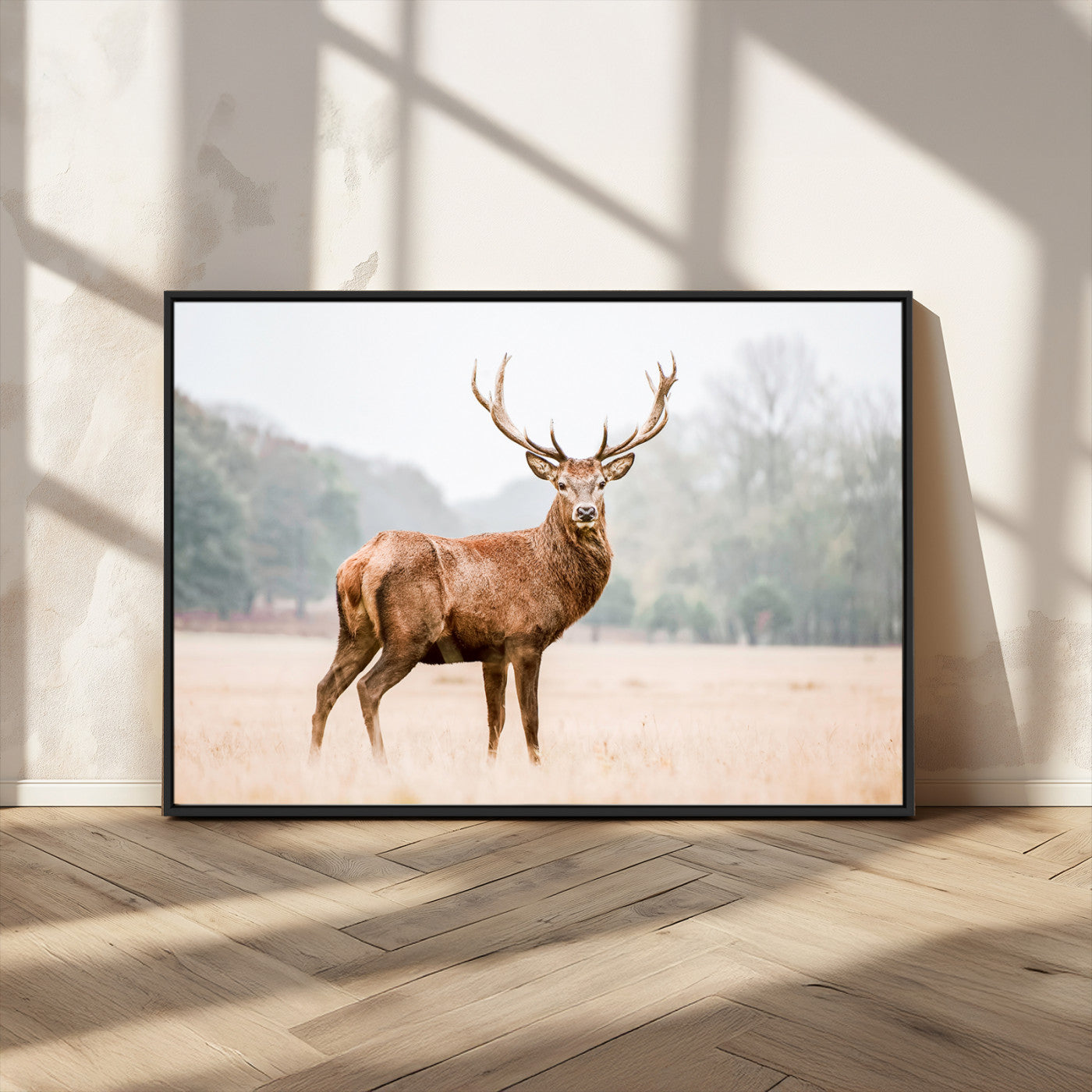 MGV-FC-36X24 - Vintage Wildlife Art Wall Art Canvas Print, Framed Misty Landscape Art Picture Print, Deer Wall Art Perfect Rustic Wildlife Decor Artwork