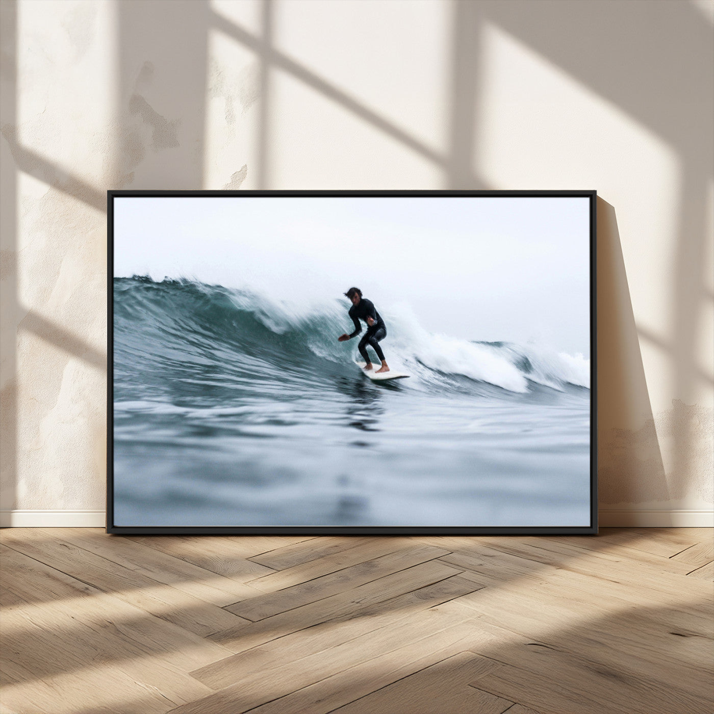 MGV-FC-36X24 - Surfer on Wave Wall Art Canvas Print, Framed Ocean Adventure Art Picture Print, Motion Blur Water Perfect Coastal Adventure Decor Artwork
