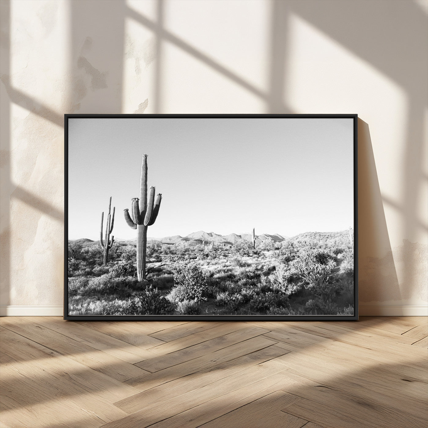 MGV-FC-36X24 - Saguaro Cactus Wall Art Canvas Print, Framed Monochrome Landscape Art Picture Print, Scenic Arizona View Perfect Minimalist Western Decor Artwork