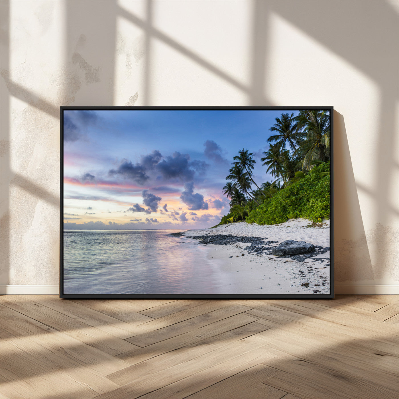 MGV-FC-36X24 - Tropical Beach Wall Art Canvas Print, Framed Sunset Glow Art Picture Print, Palm Tree Coast Perfect Tropical Coastal Decor Artwork
