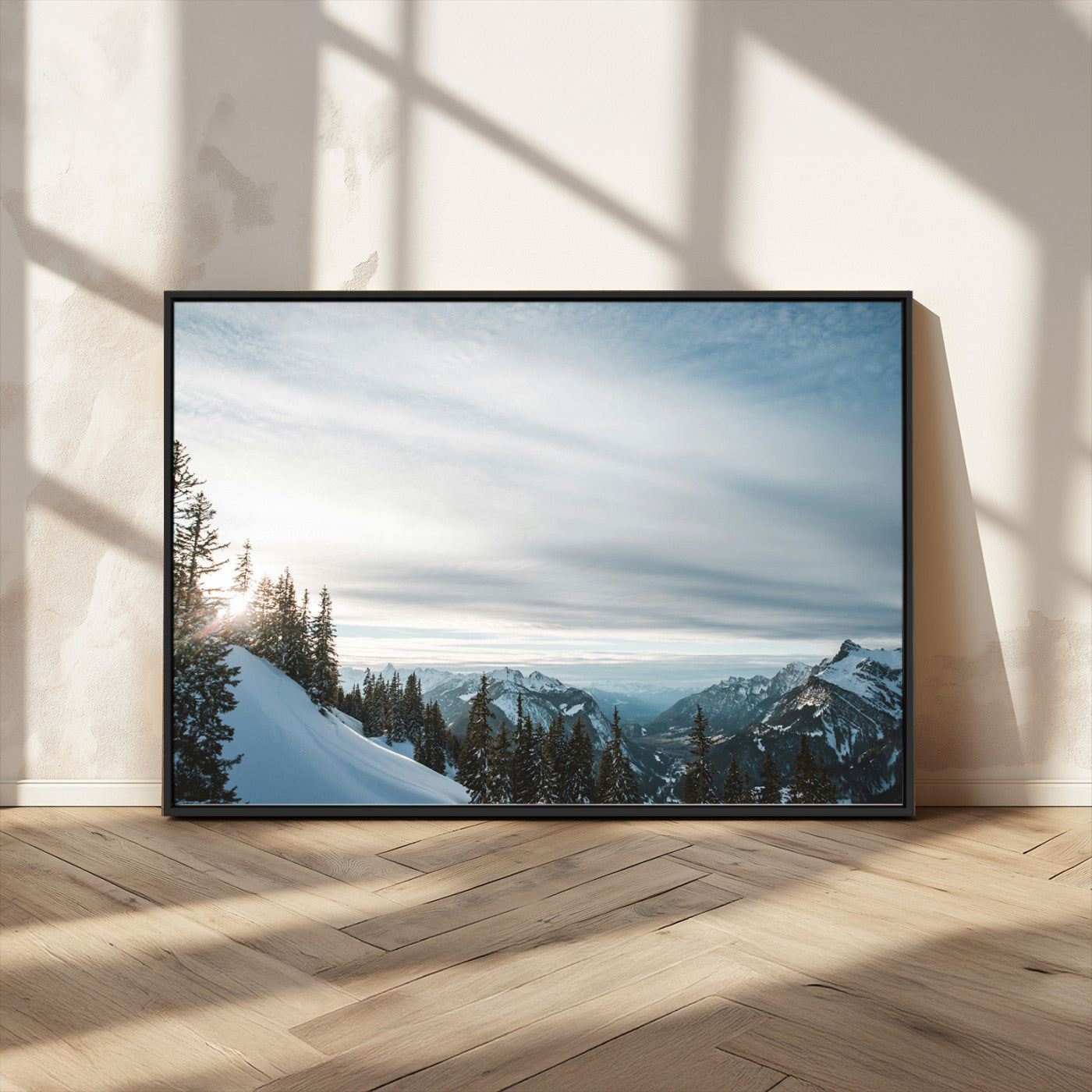 MGV-FC-36X24 - Snowy Mountains Wall Art Canvas Print, Framed Alpine Landscape Art Picture Print, Frosty Peaks Perfect Nordic Minimalist Decor Artwork