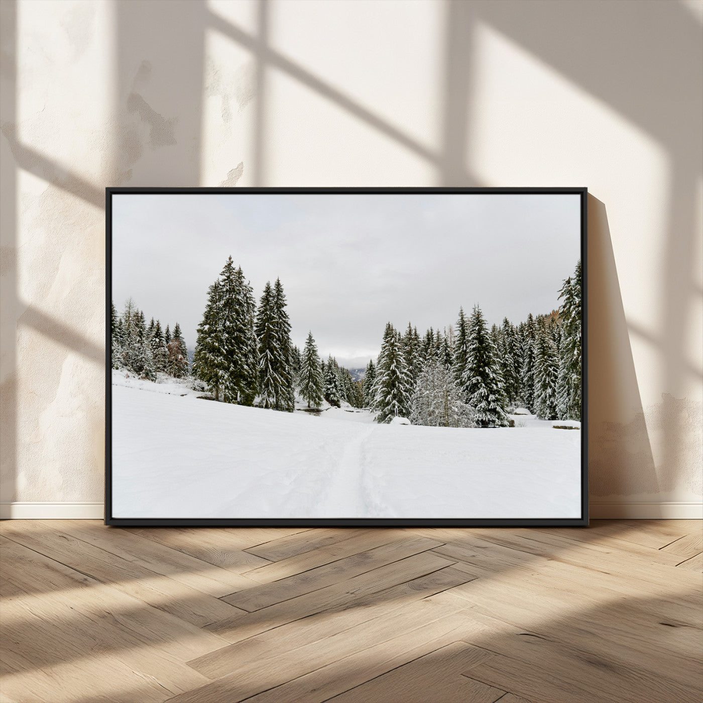 MGV-FC-36X24 - Frosty Pines Wall Art Canvas Print, Framed Silent Snowfall Art Picture Print, Cozy Cabin Vibes Perfect Nordic Minimalist Decor Artwork