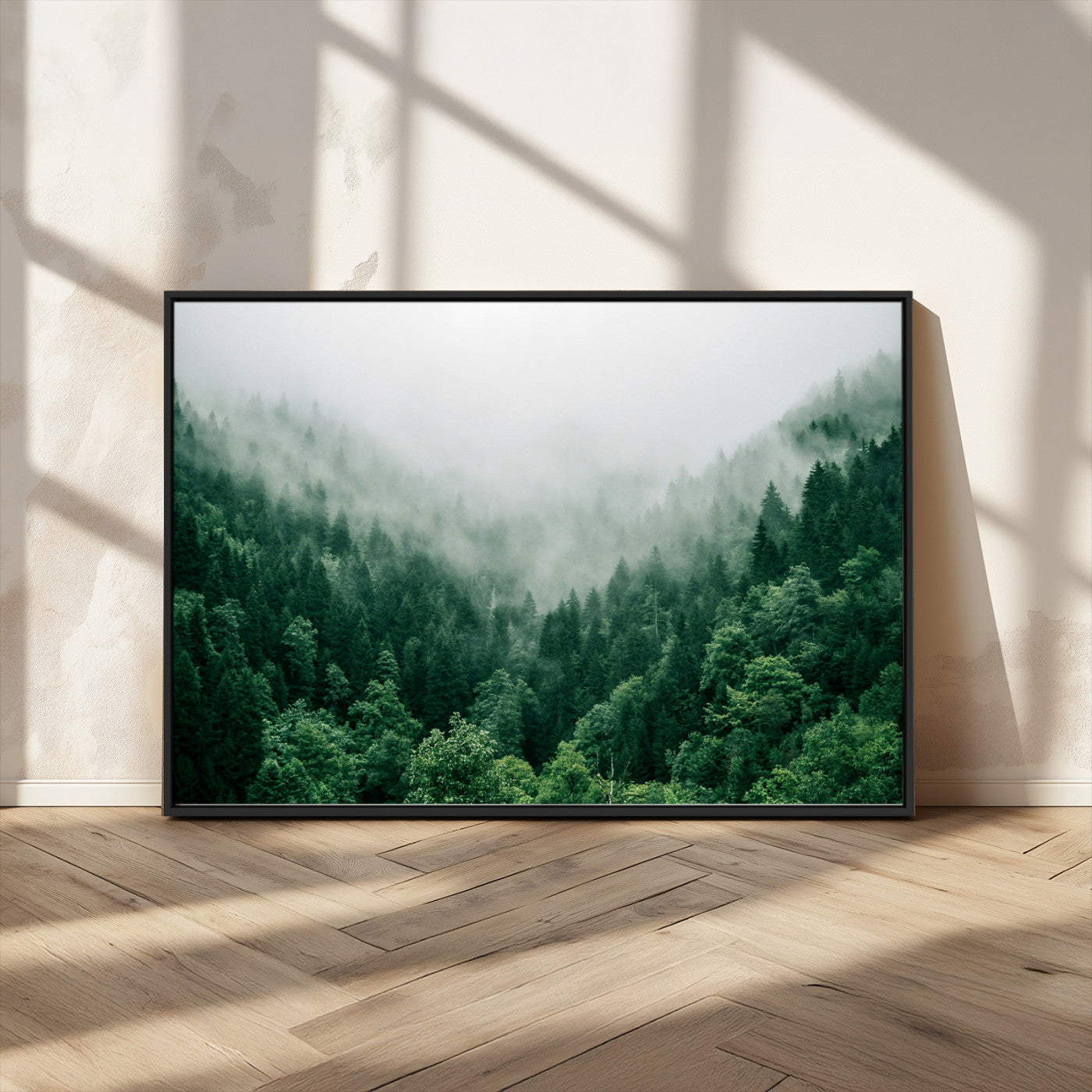 MGV-FC-36X24 - Misty Green Forest Canvas Print – Serene Foggy Pine Landscape Wall Art, Tranquil Nature Decor for