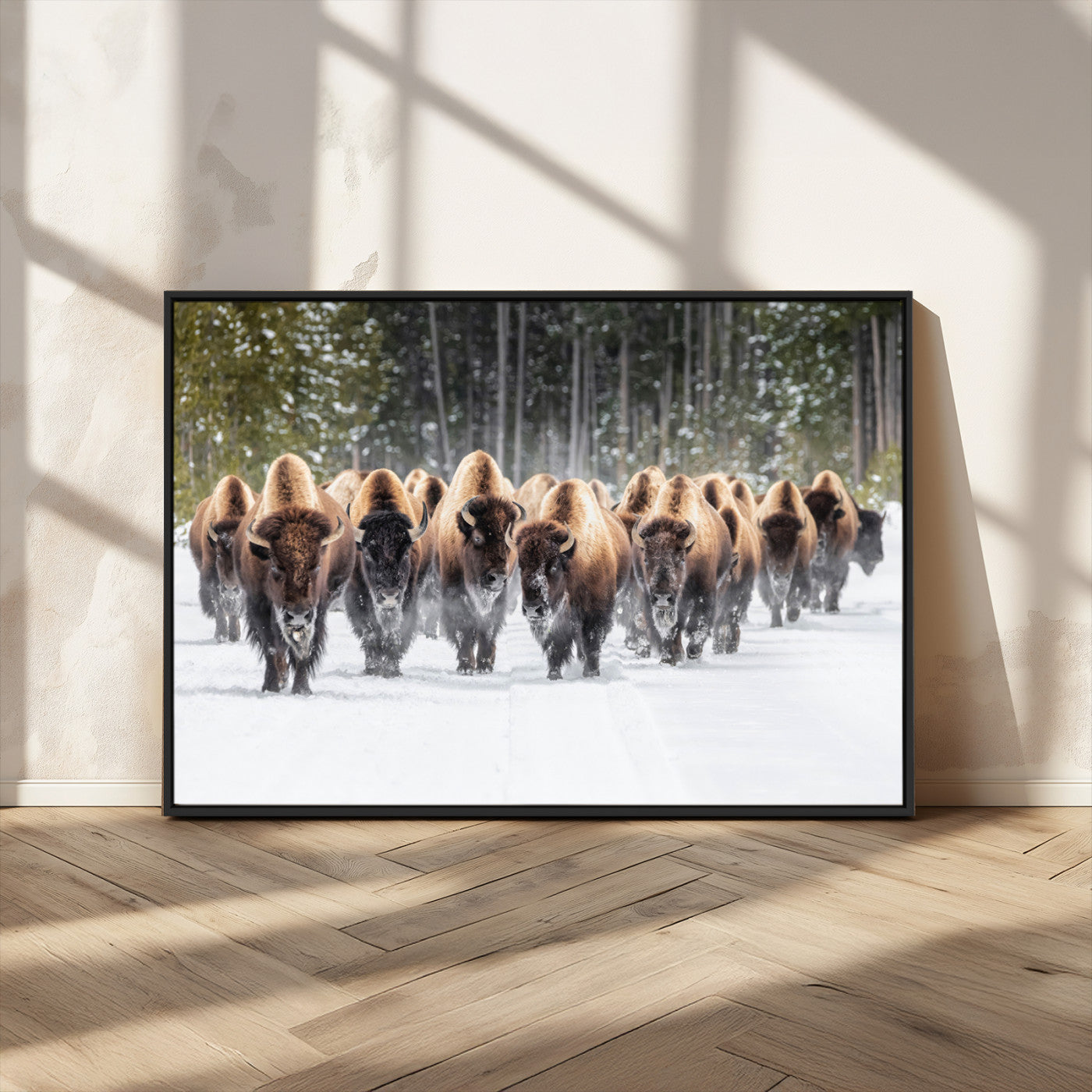 96906195-MGV-FC-36X24 - American Bison Herd Snow Canvas Wall Art – Powerful Winter Wildlife Print of Buffalo Motion, Rustic Lodge or Western Cabin Decor for Living Room, Office