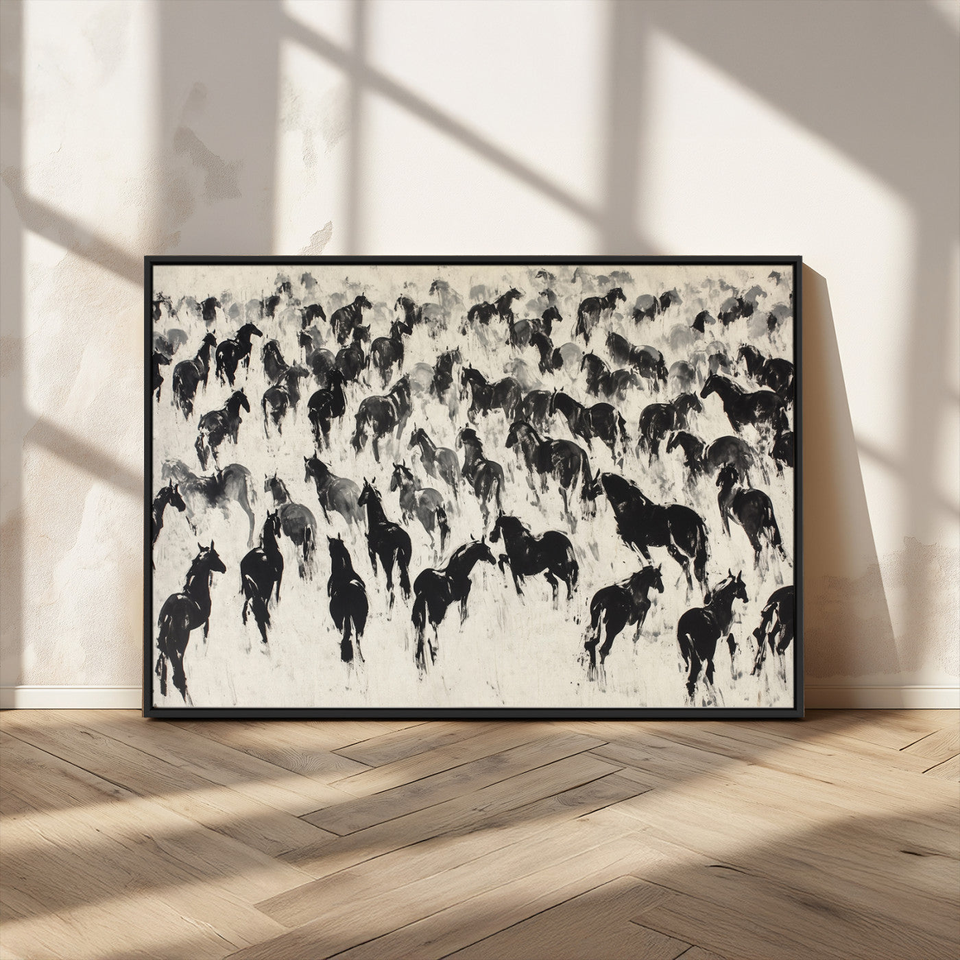 MGV-FC-36X24 - Wild Horse Stampede Wall Art Canvas Print – Monochrome Ink Brush Painting of Running Horses, Perfect
