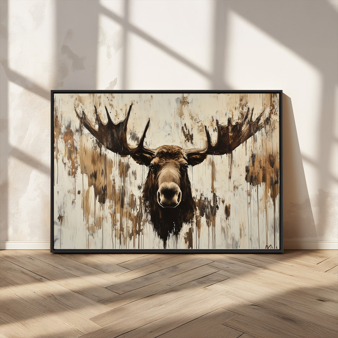 34496536-MGV-CV-36X24 - Powerful Moose Portrait Wall Art – Rich Earthy Tones, Expressive Brushstrokes, Striking Gaze, Raw Nature Vibes Decor for Home or Office