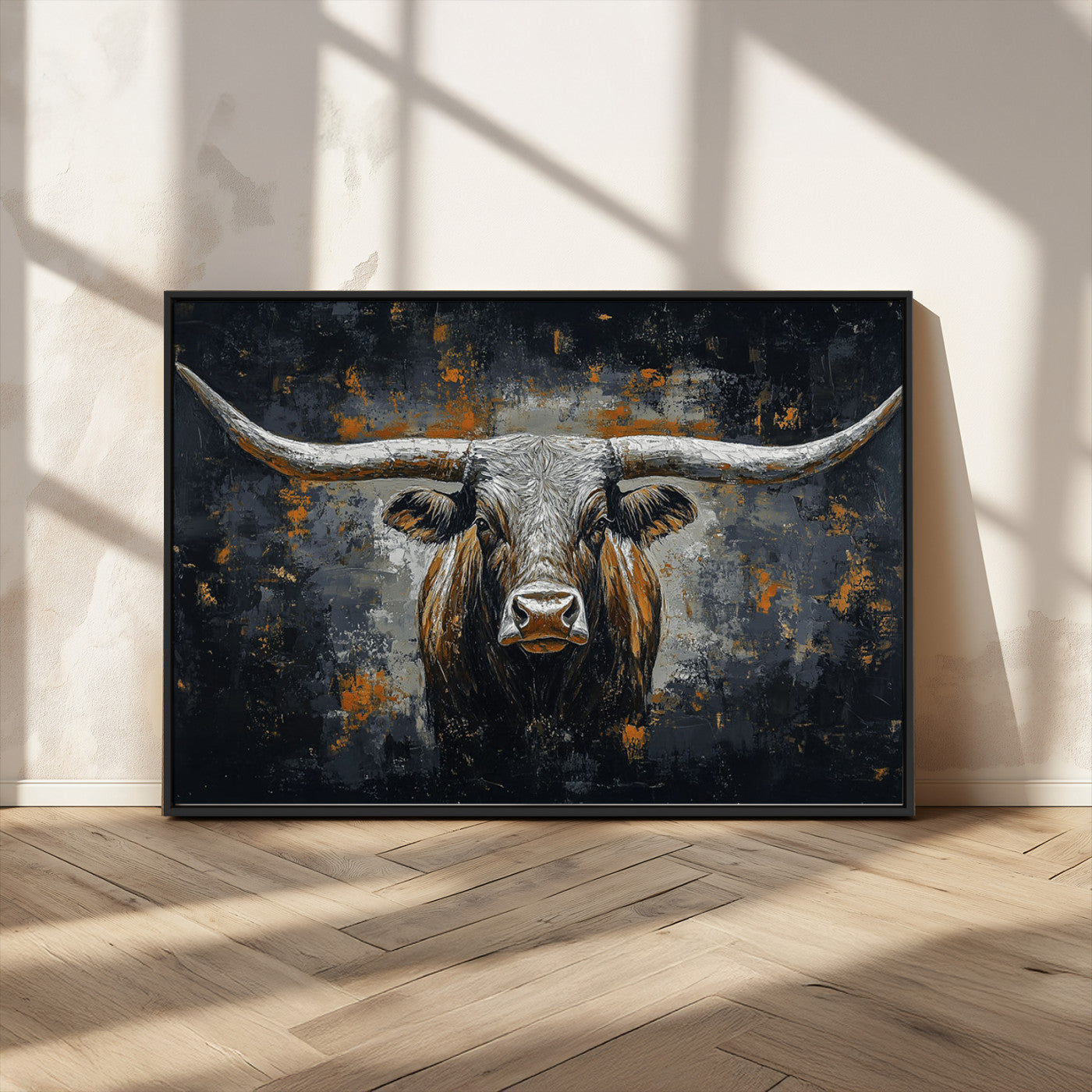 Rustic Longhorn Bull Wall Art Canvas Print – Vintage Western Cattle Painting, Texas Steer Artwork for Ranch, Farmhouse or Cowboy Decor