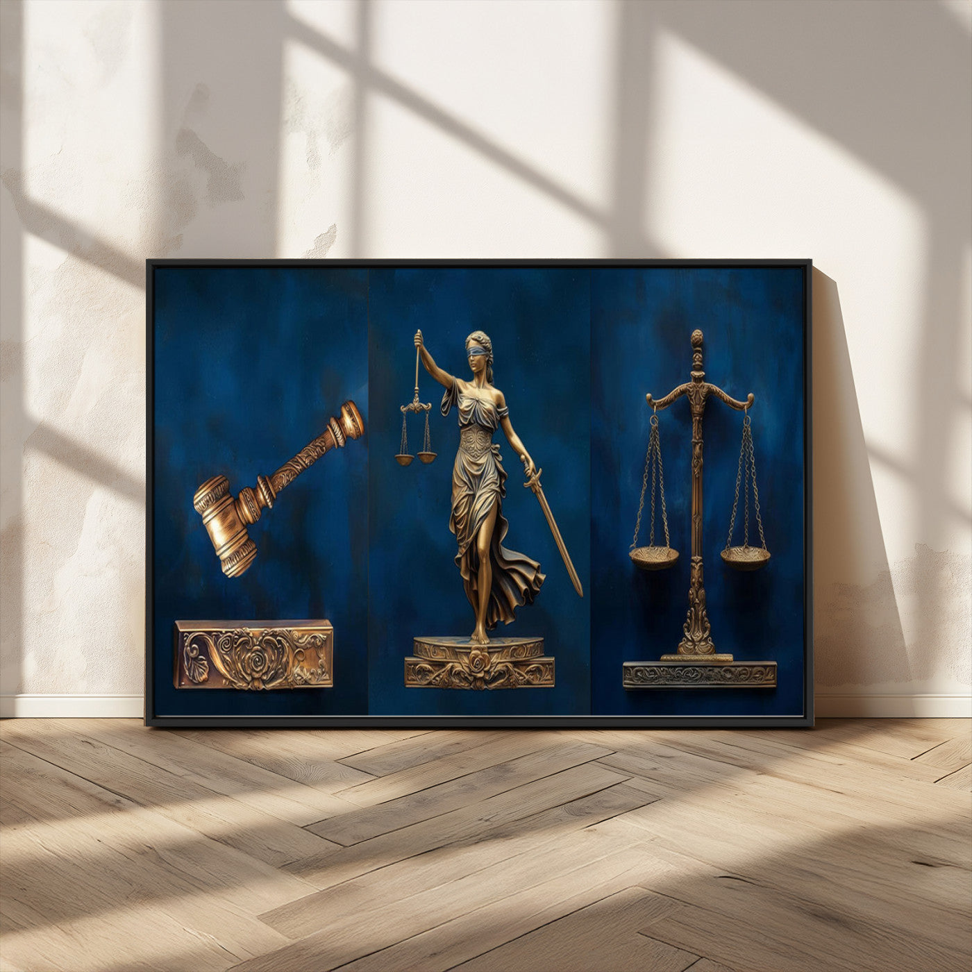 MGV-FC-36X24 - Lady Justice Wall Art Canvas Print – Elegant Gold Legal Symbols on Blue Background, Perfect for Law