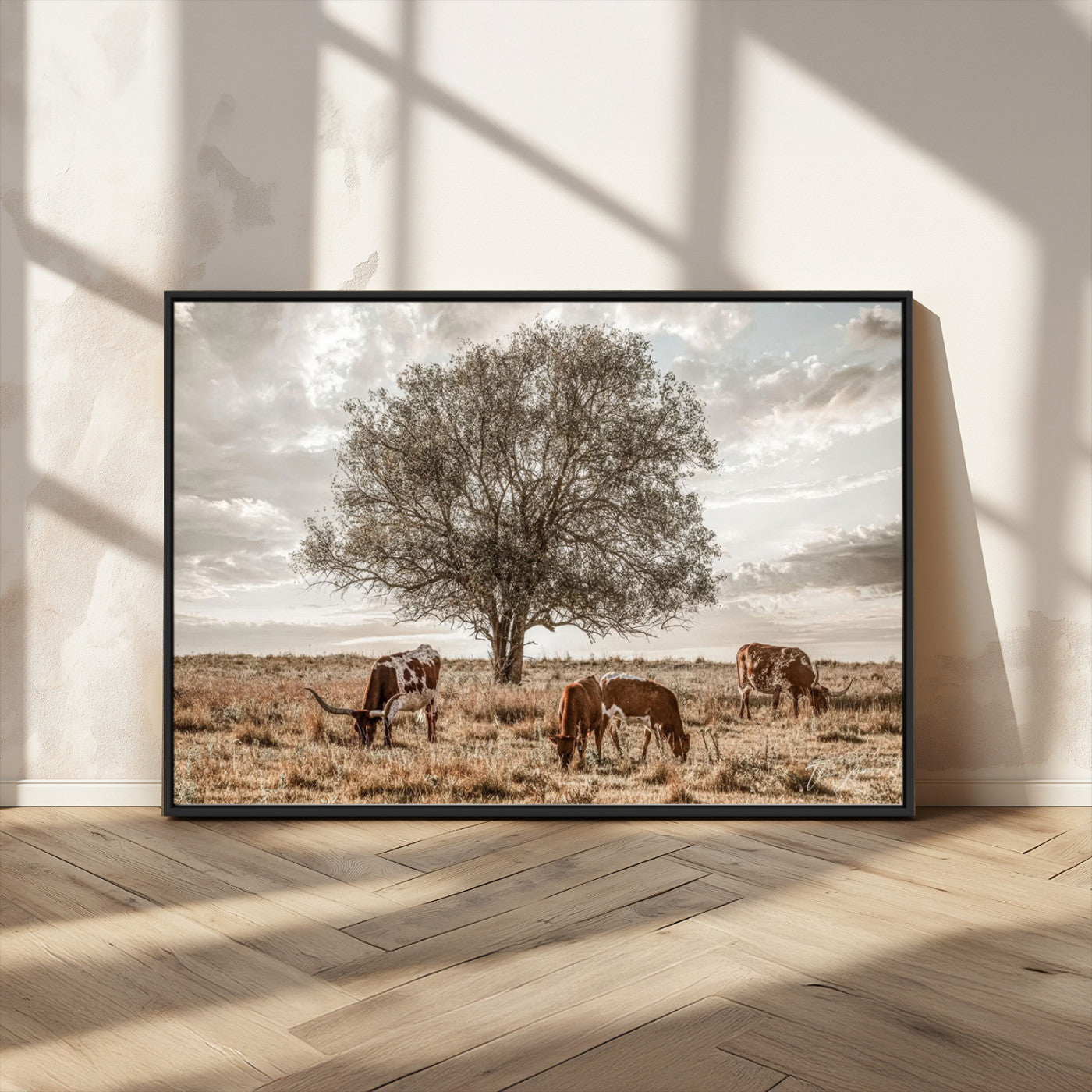 Texas Longhorn Cattle Wall Art Canvas Print – Rustic Western Ranch Scene with Steers at Sunset, Perfect for Farmhouse or Cowboy Decor