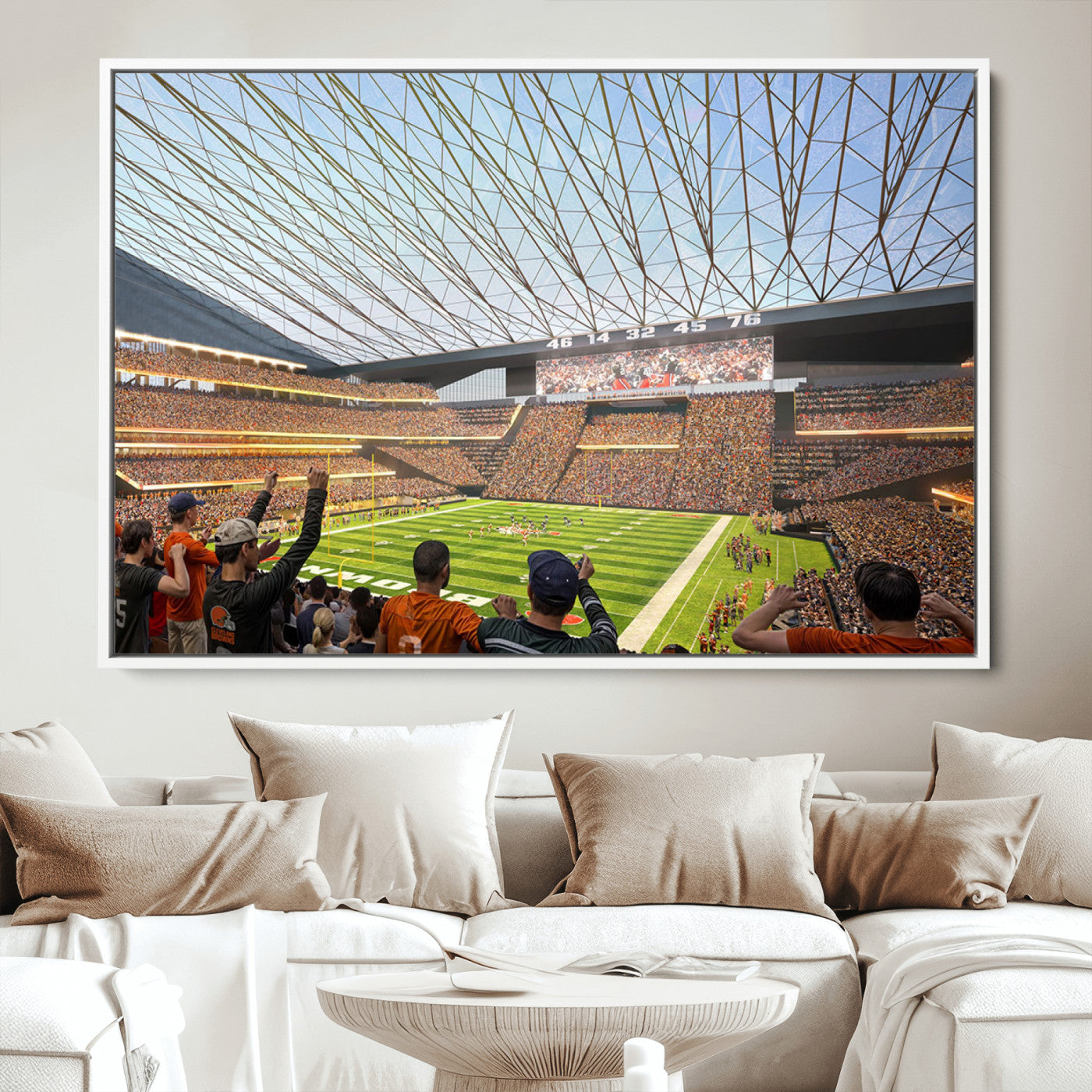 81960112-MGV-CV-36X24-Cleveland Browns Stadium Wall Art Canvas Print – Framed Football Artwork Featuring Cleveland Skyline and Browns Stadium, Perfect for Man Cave or Game Room Decor