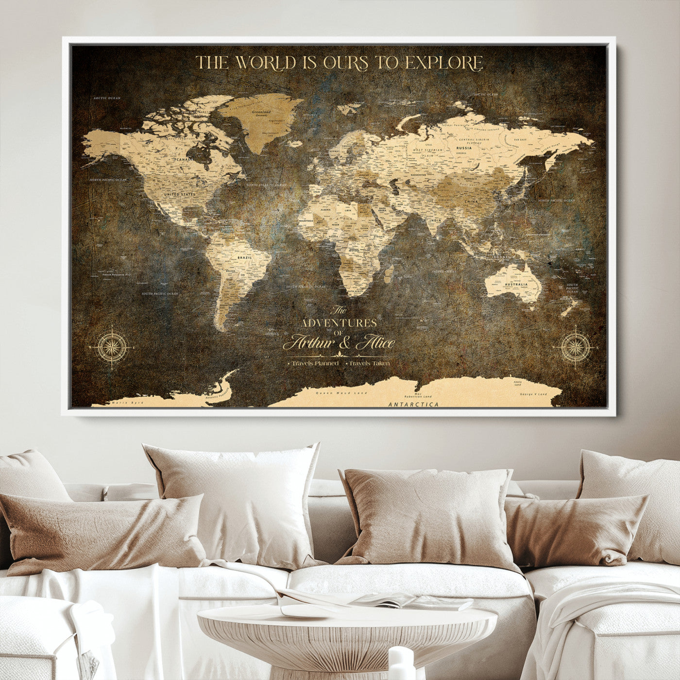 76675404-MGV-CV-36X24-Framed Push Pin World Travel Map – Canvas Wall Art for Tracking Adventures, Decorative Vintage Style Map with Pins for Home or Office - H1