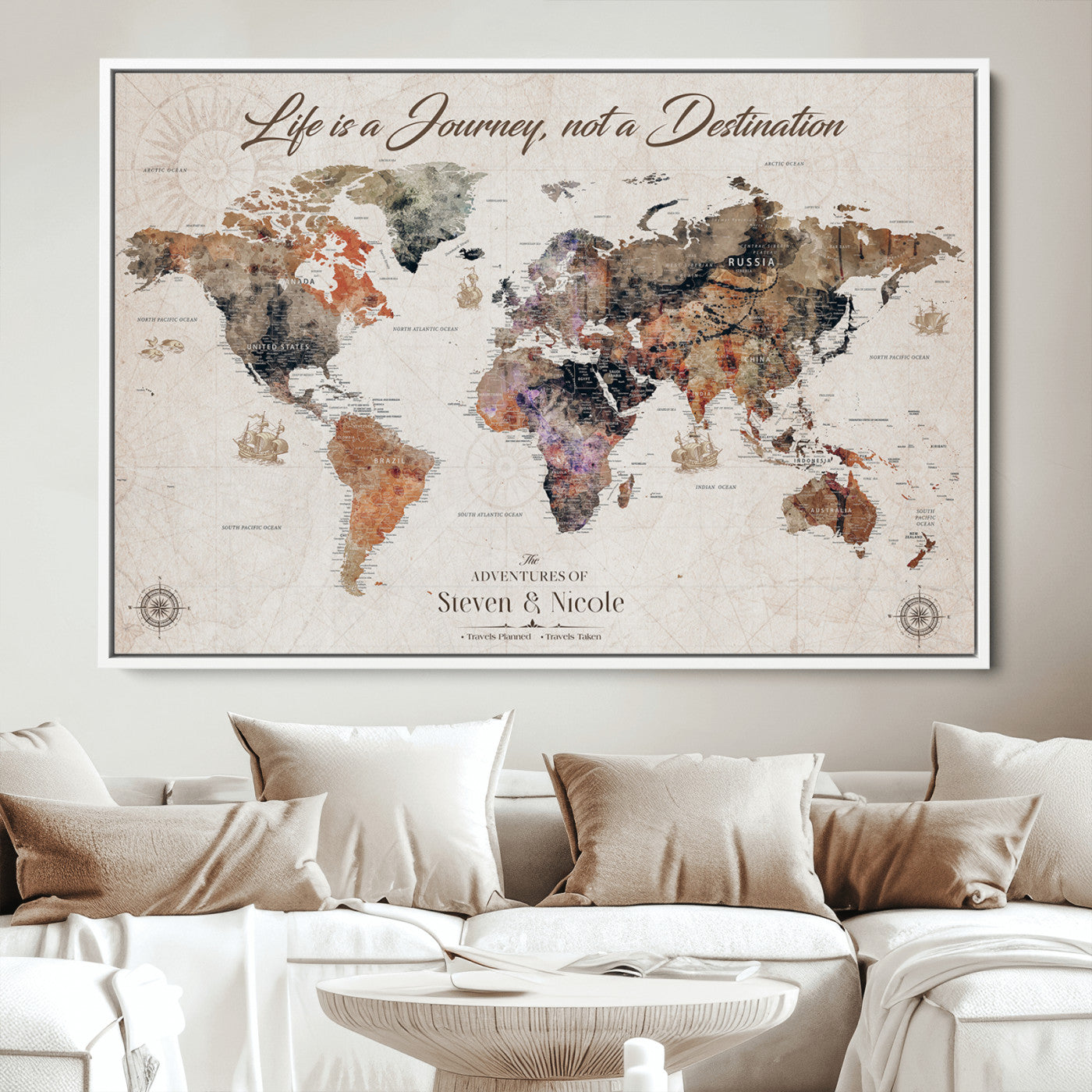 96000140-MGV-CV-36X24-Custom Push Pin World Map Wall Canvas Print – Personalized Travel Tracker with Pins – Framed Large Multi-Size Canvas for Home Office Decor