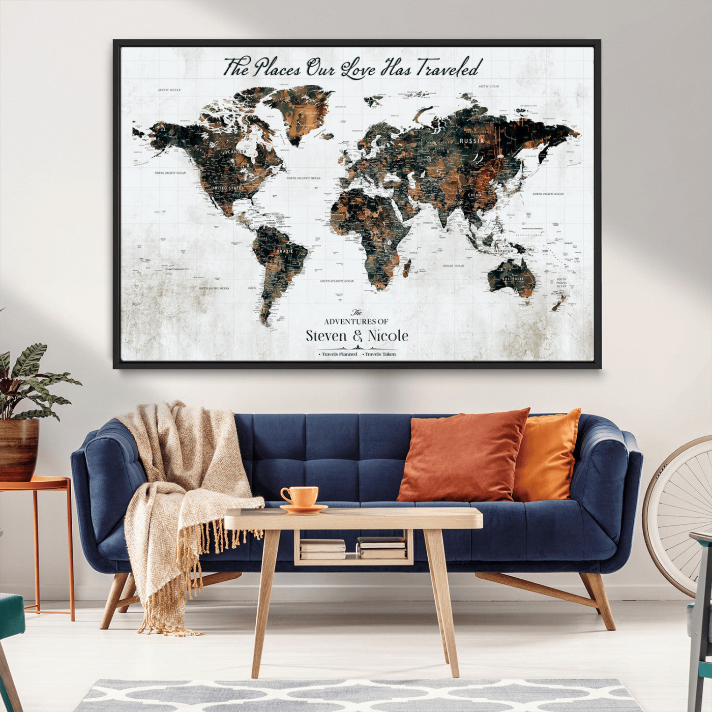 89231588-MGV-CV-36X24-World Travel Map with Pins – Framed Canvas Print to Track Adventures and Create a Visual Travel Journal, Ideal Wall Art for Home - H17
